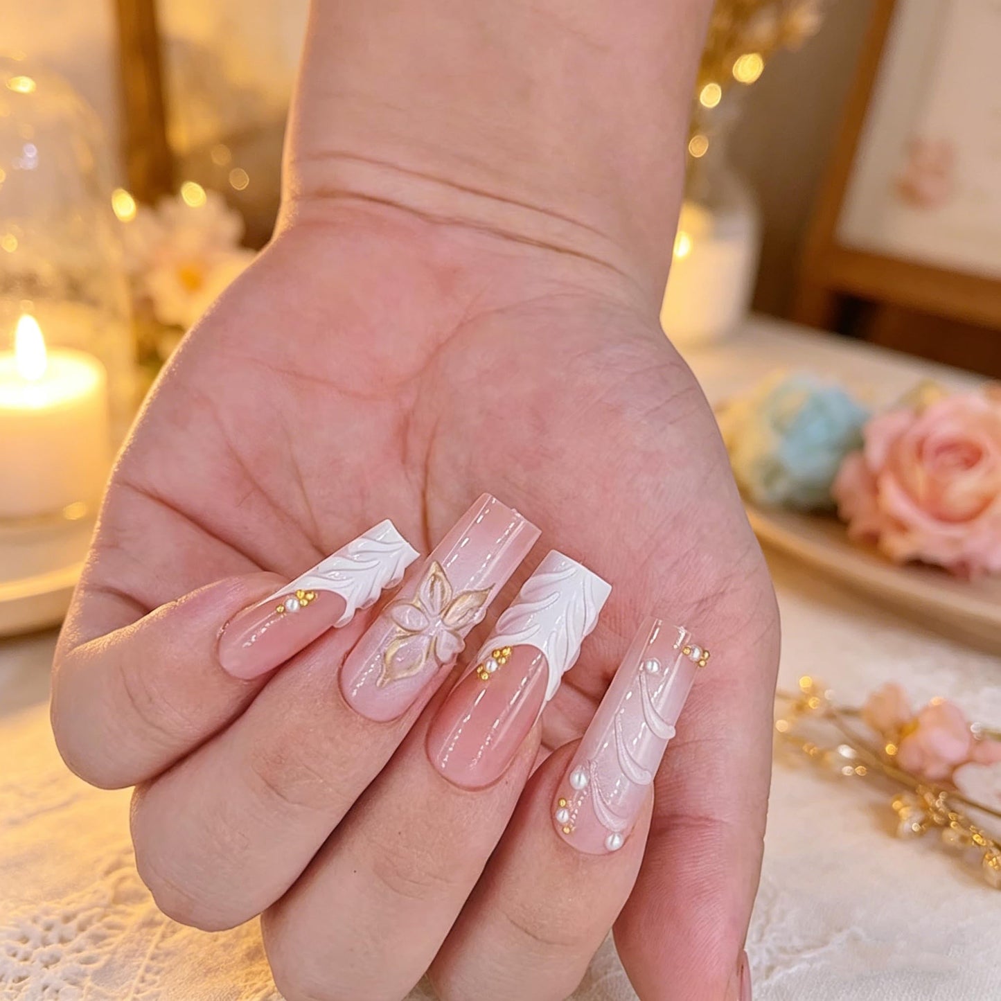 Long Square Press on Nails, plalely Gold Embossed Flowers Acrylic Press on Nails with Cute Pearl Charms Designs，Long Press on Nail for Women 24pcs