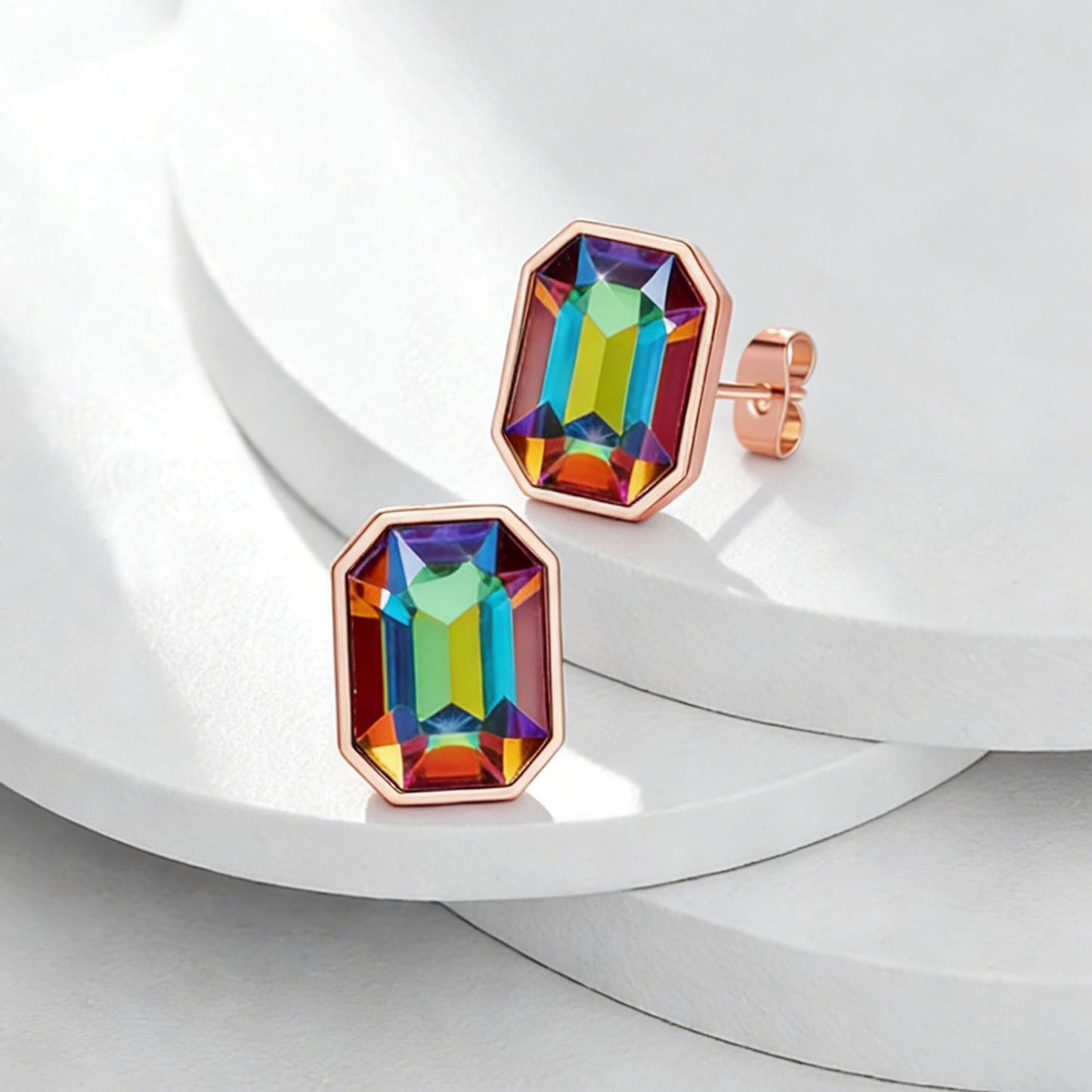 Austrian Crystal Octagon Stud Earrings for Women Fashion 925 Sterling Silver Post Hypoallergenic Jewelry (Vitrail Medium)