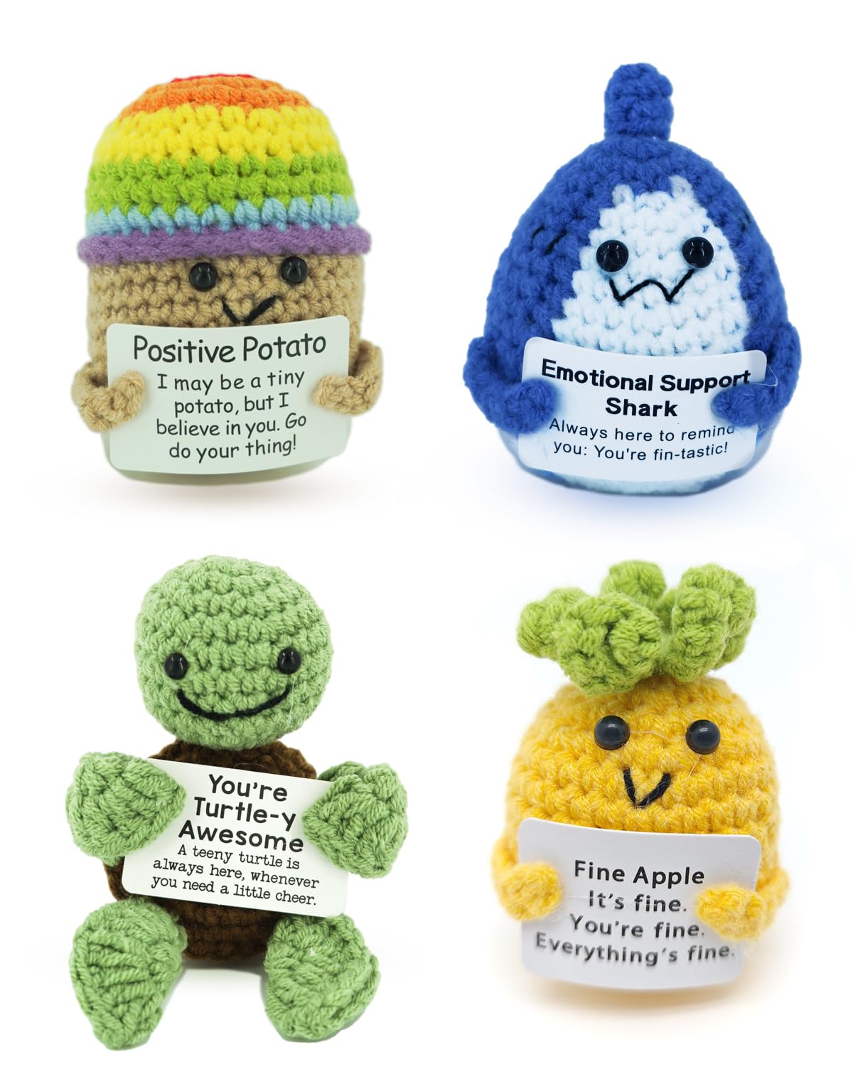 OAOAPLOS Positive Crochet Animals 4 Pcs Set: Handmade Emotional Support Crochet, Whimsical Crochet with Adorable Positive Potato - Meaningful Gift or Home Decor & Gift for her