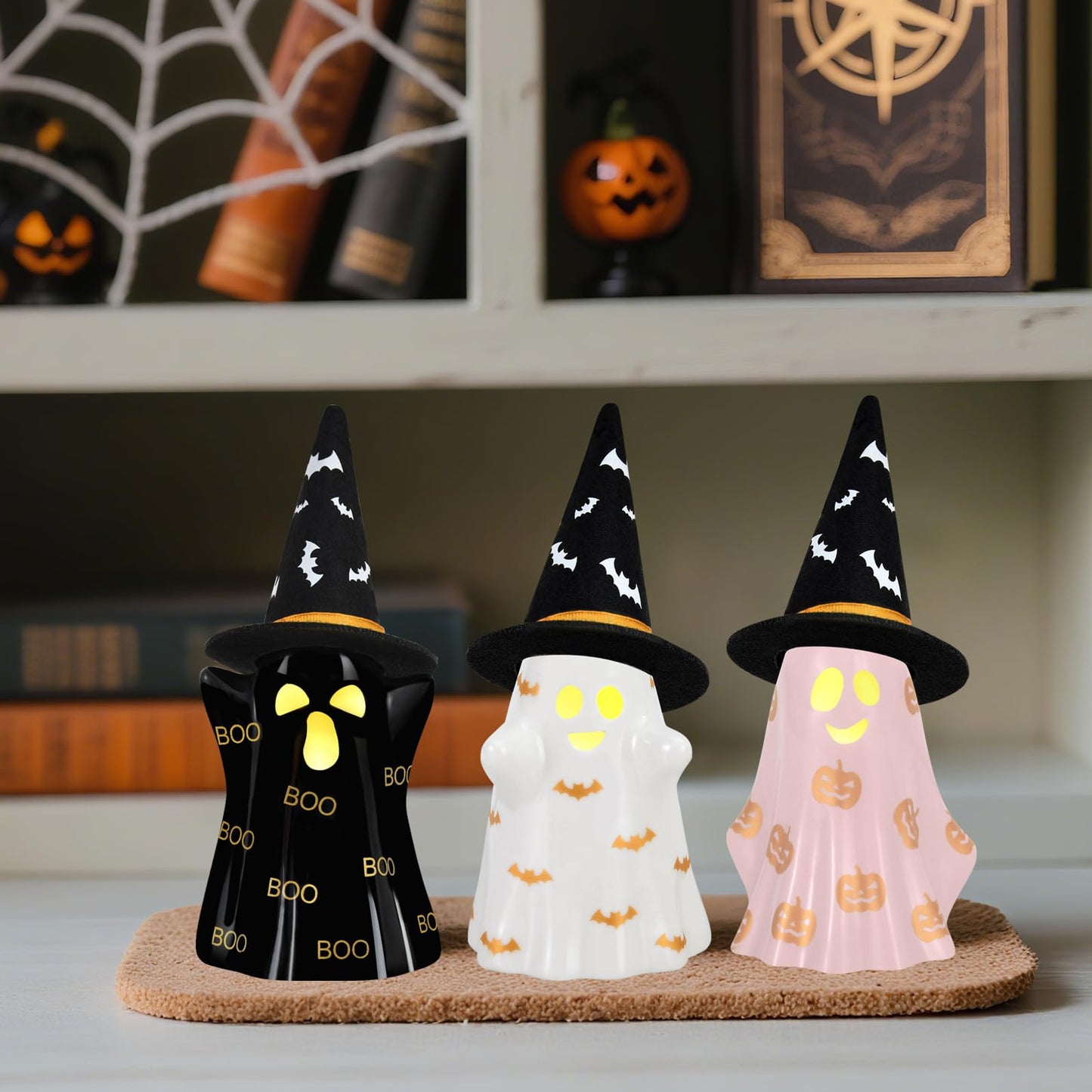 Byrita Halloween Decorations Indoor, Set of 3 Ceramic Halloween Ghosts with Witch Hats, Cute Spooky Lighted Decor Ghost Figurines Witch Hat Scary Pumpkin Bats Boo for Home Mantel Shelf Table Decor