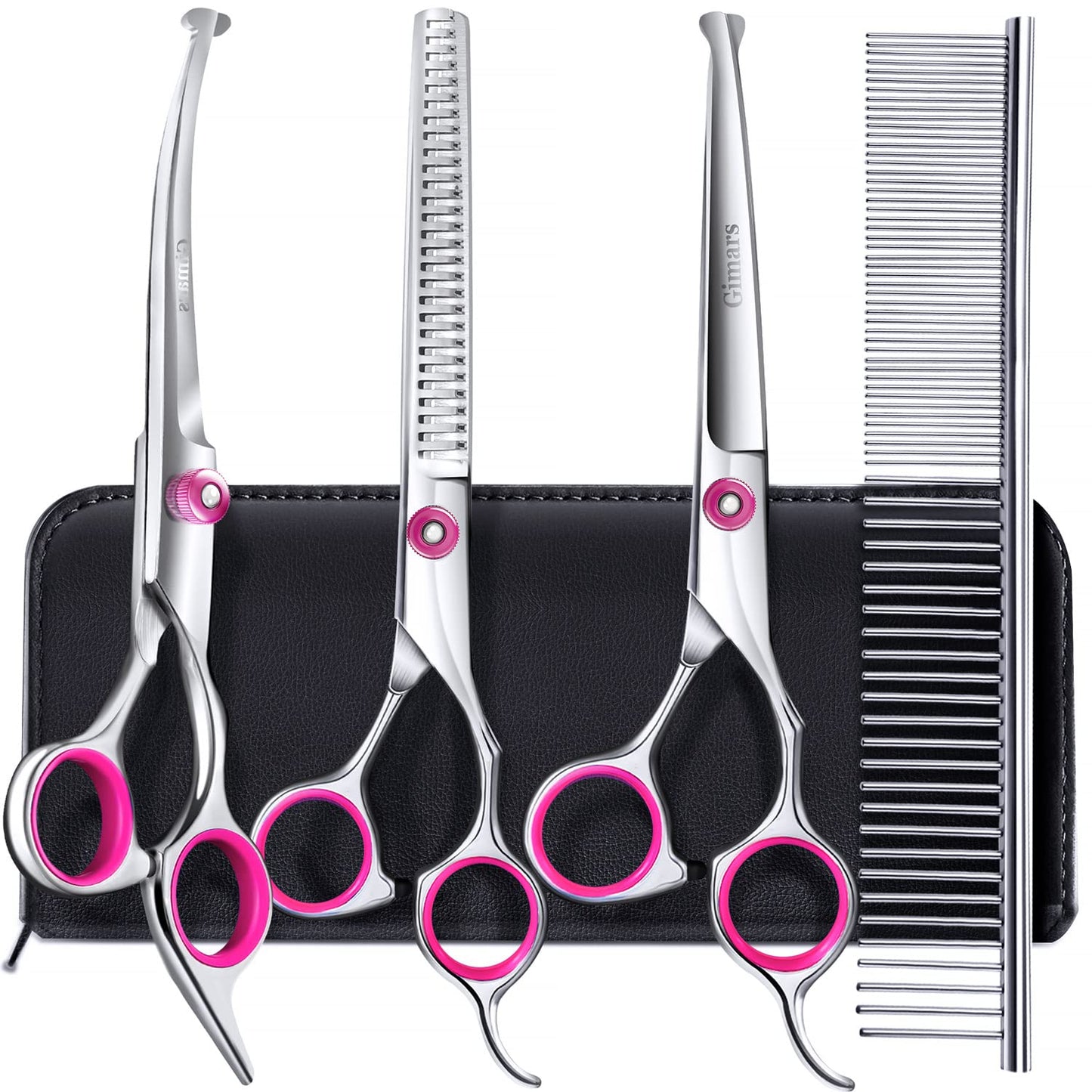 Gimars Dog Grooming Scissors Kit Professional 4CR with Safety Round Tip, 5 in 1 Heavy Duty Titanium Coated Thinning & Curved & Straight Shears