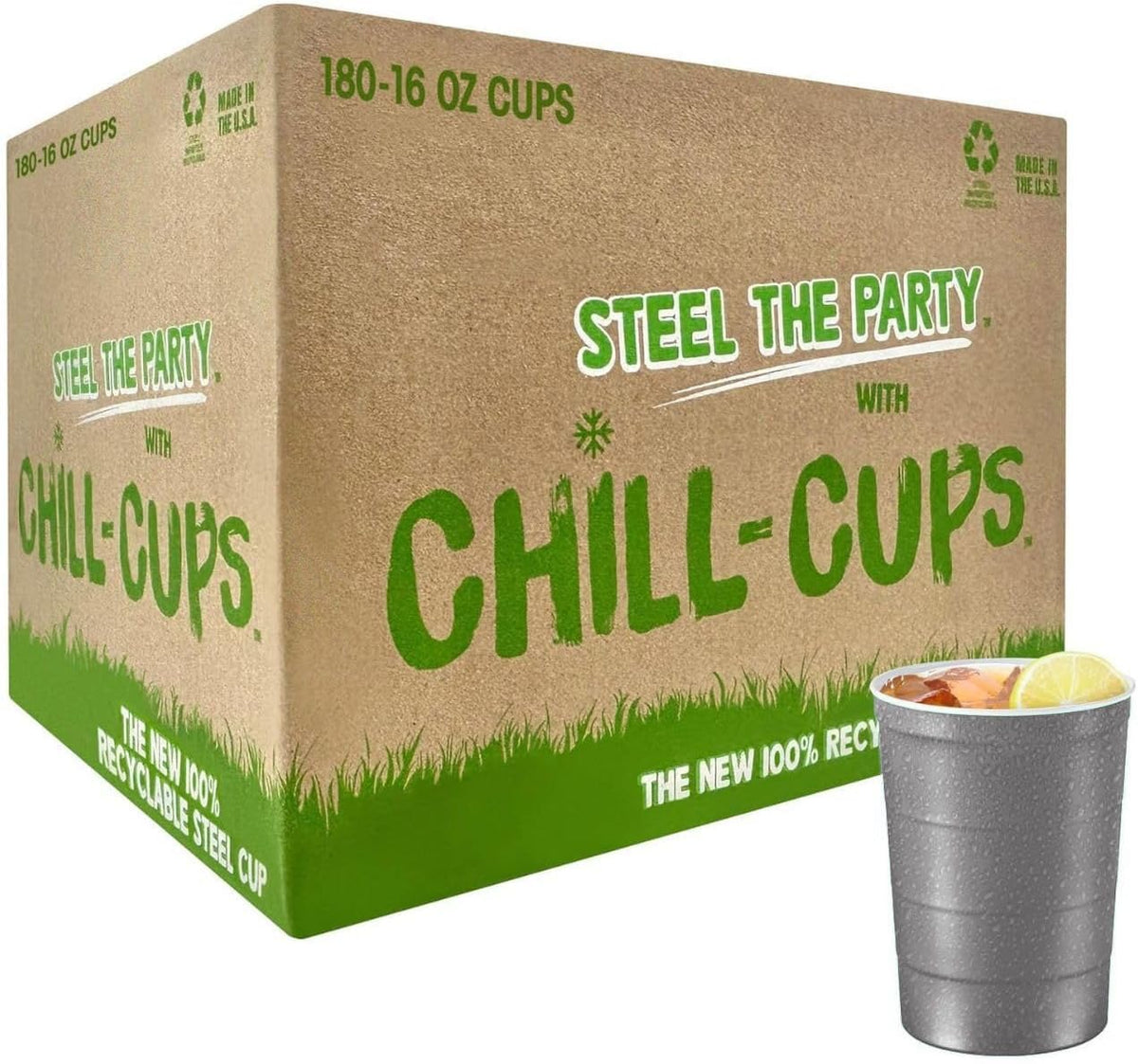 16 oz. Party Cups, Perfect for Cold Drinks, Sturdy & Durable, Disposable and 100% Recyclable, Made in USA, Gray, 180 Count