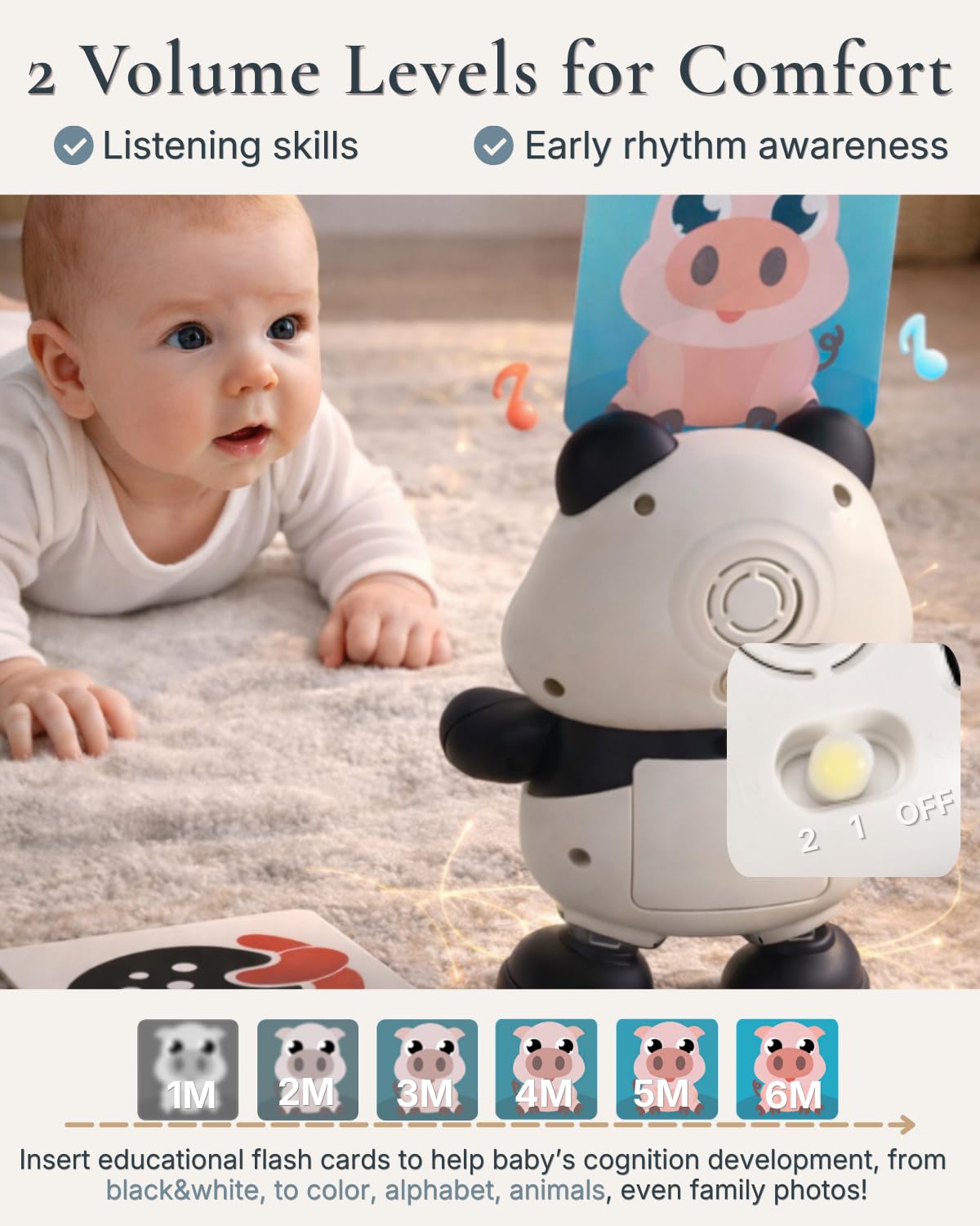 Cuddobaby Dancing Panda | 0-6M 6-12M Musical Toys, Changing Lights| Independent Tummy Time | Hands-Free High Contrast Flash Card Holder for Newborns, Crawling Encourage for Infants