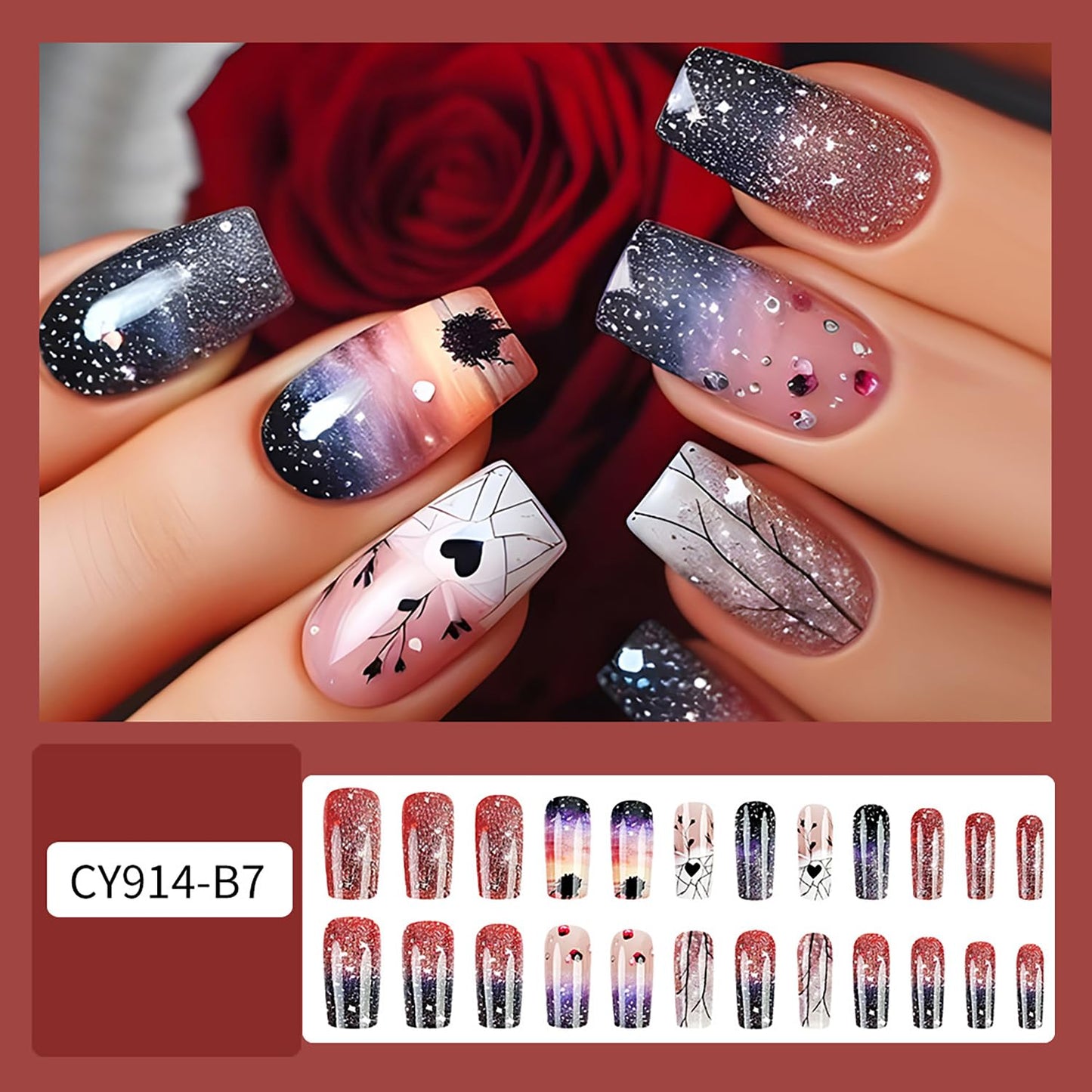 CJDLTS Press on Nails Medium Square Starry Sky False Nails Heart Fake Nails Press on Nails with Design Rhinestones Stick on Nails Artificial Acrylic Glitter Nails Full Cover Glue on Nails for Women