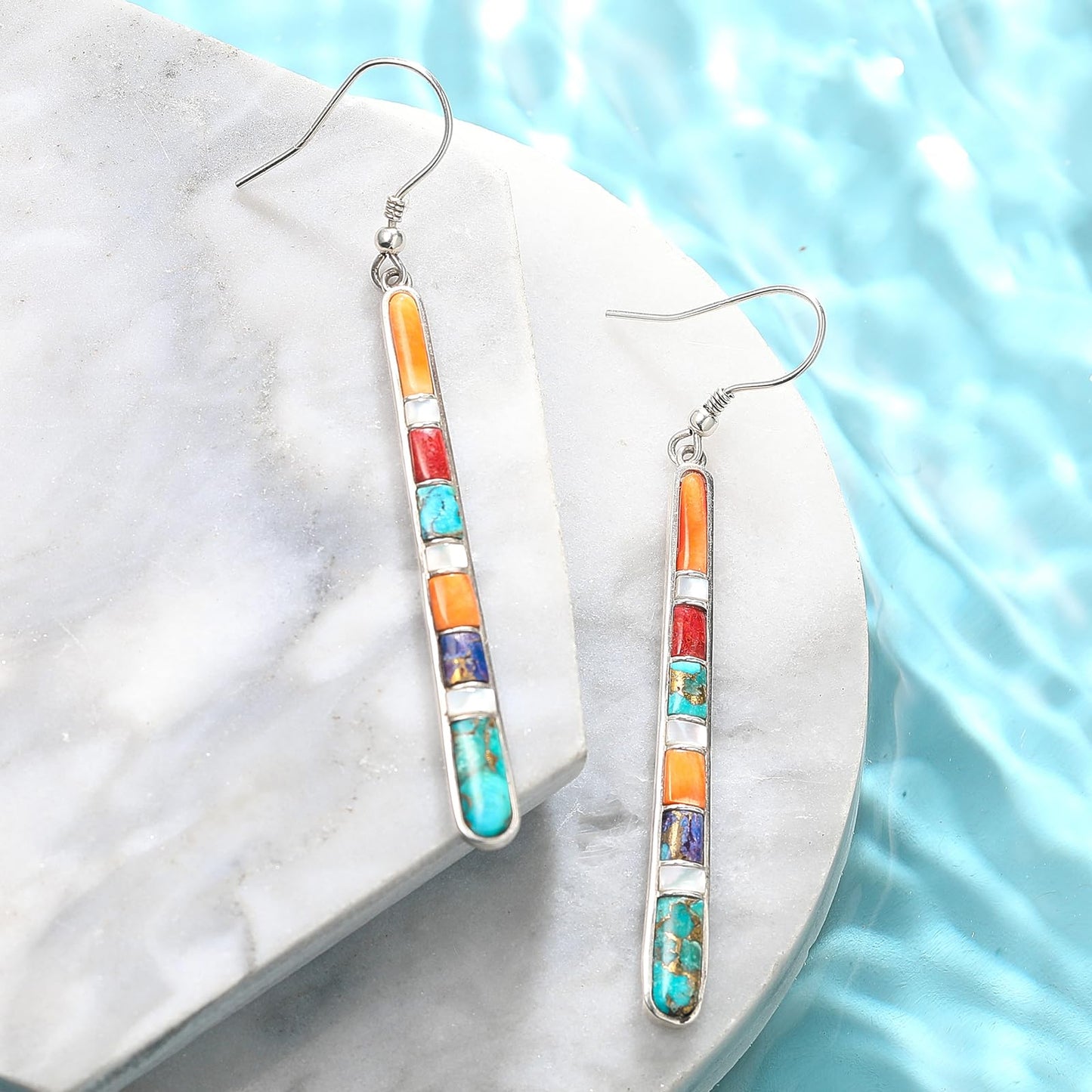Phyonio Turquoise Earrings for Women 925 Sterling Silver Multicolor Gemstones Dangle Earrings Bohemian Style Statement Bar Earrings Dangle Earrings for Women Summer Earrings Valentines Gifts