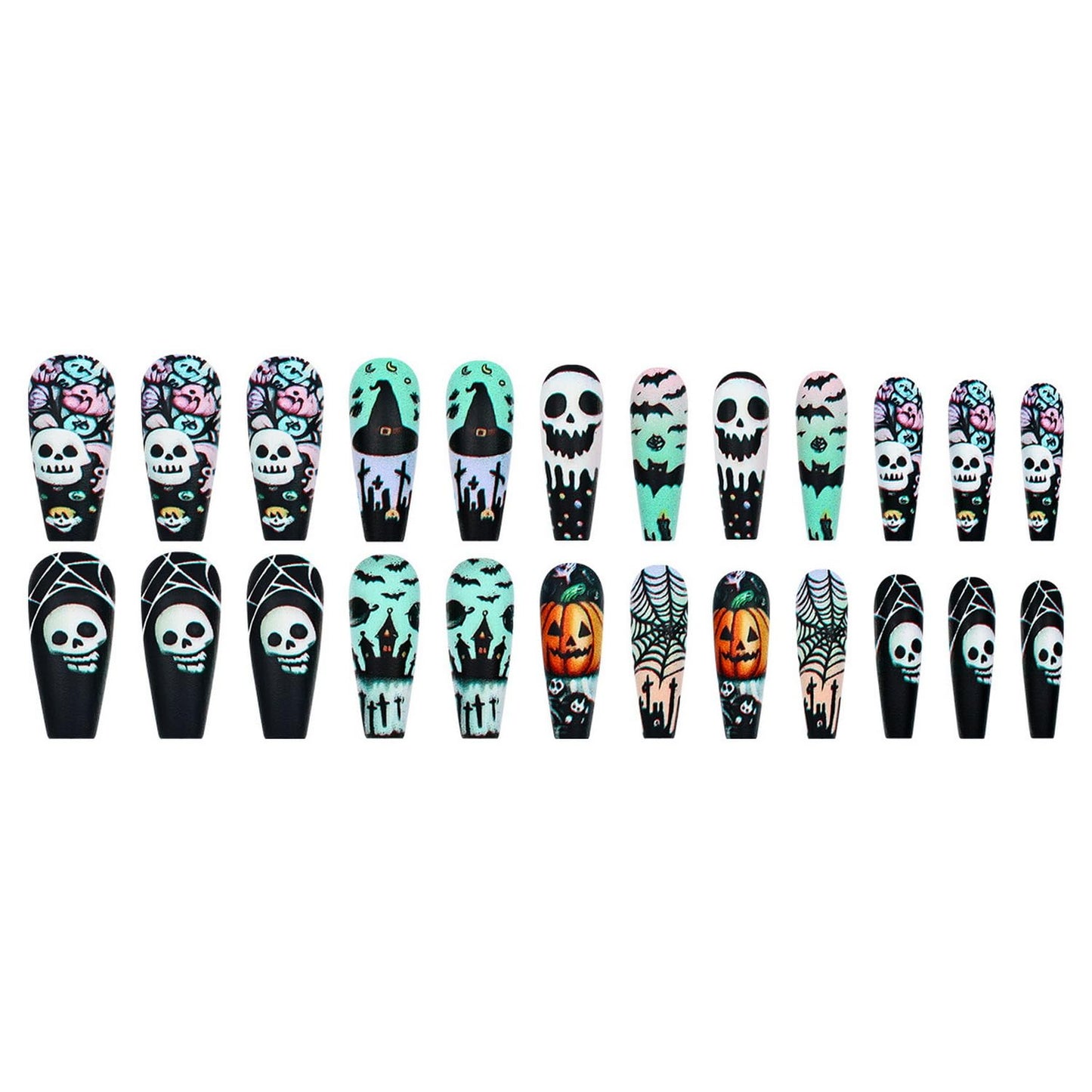 Halloween Press on Nail Long Coffin Fake Nails with Skull Pumpkin Bat Castle Spider Web designs Halloween False Nails Full Cover Black Press ones Acrylic Glue on Nails for Women Party Decor 24pcs