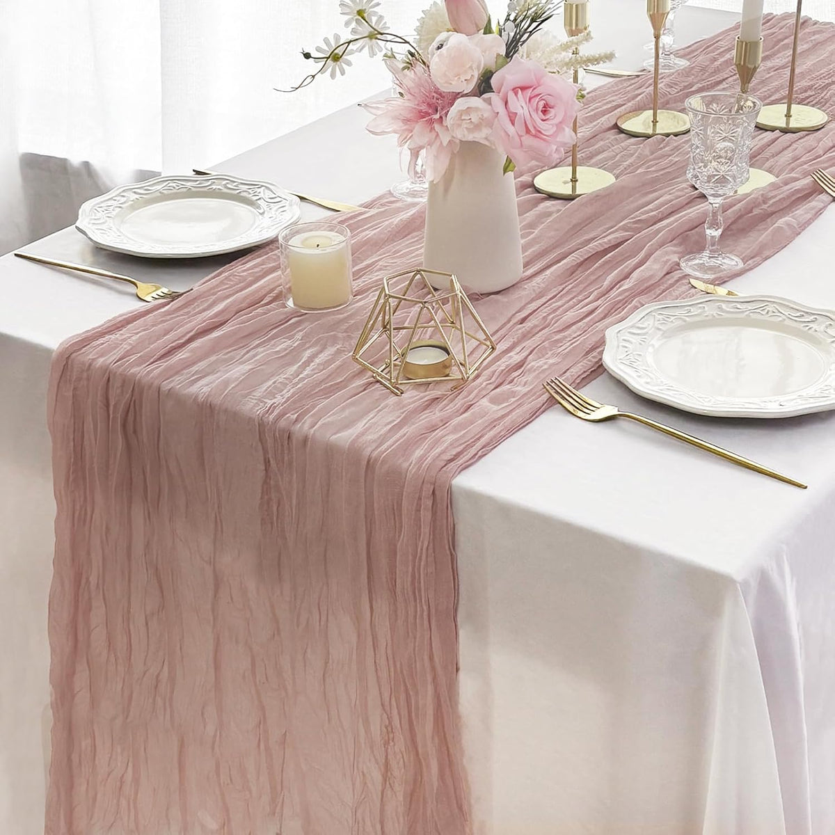 FEXIA 6 Pack Table Runner Dusty Pink Cheesecloth 35x120 Inches Boho Gauze Spring Easter Table Runner for Wedding Decor Reception Bridal Shower Centerpiece Engagement