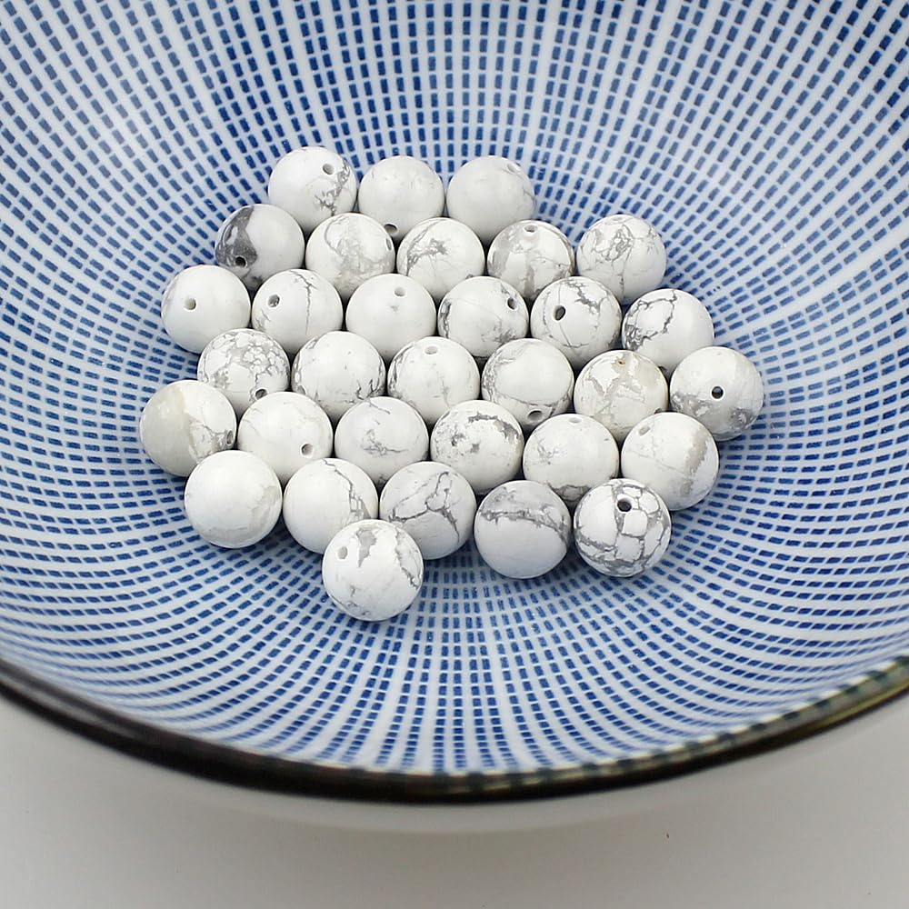 MJDCB AAAA Natural Stone Beads White Howlite Turquoise Round Loose Beads for Jewelry Making 15" (10mm)