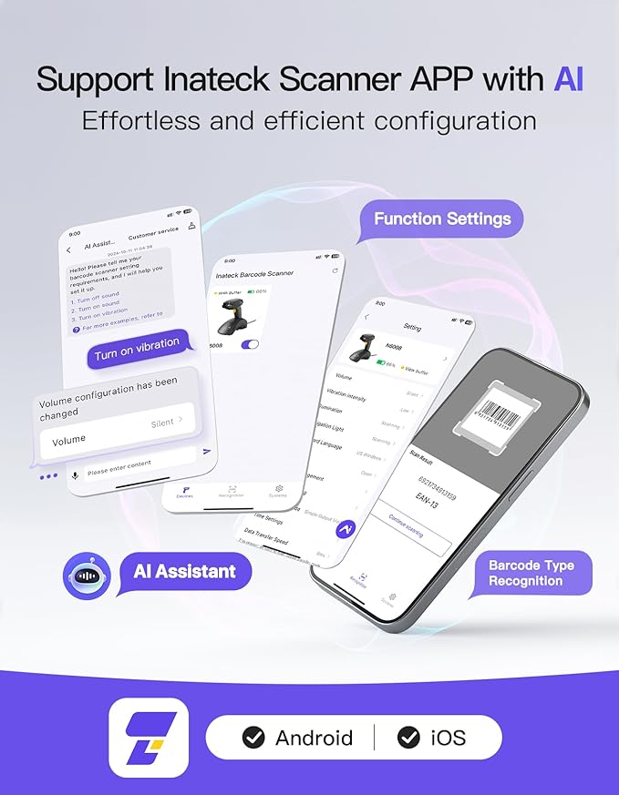 Inateck Wireless Barcode Scanner, 1D/2D QR Code Scanner with Smart Base, Bluetooth/2.4G/USB 3-in-1 Connectivity, Compatible with Windows/iOS/Android/Mac/Linux for Retail/Warehouse/Logistics