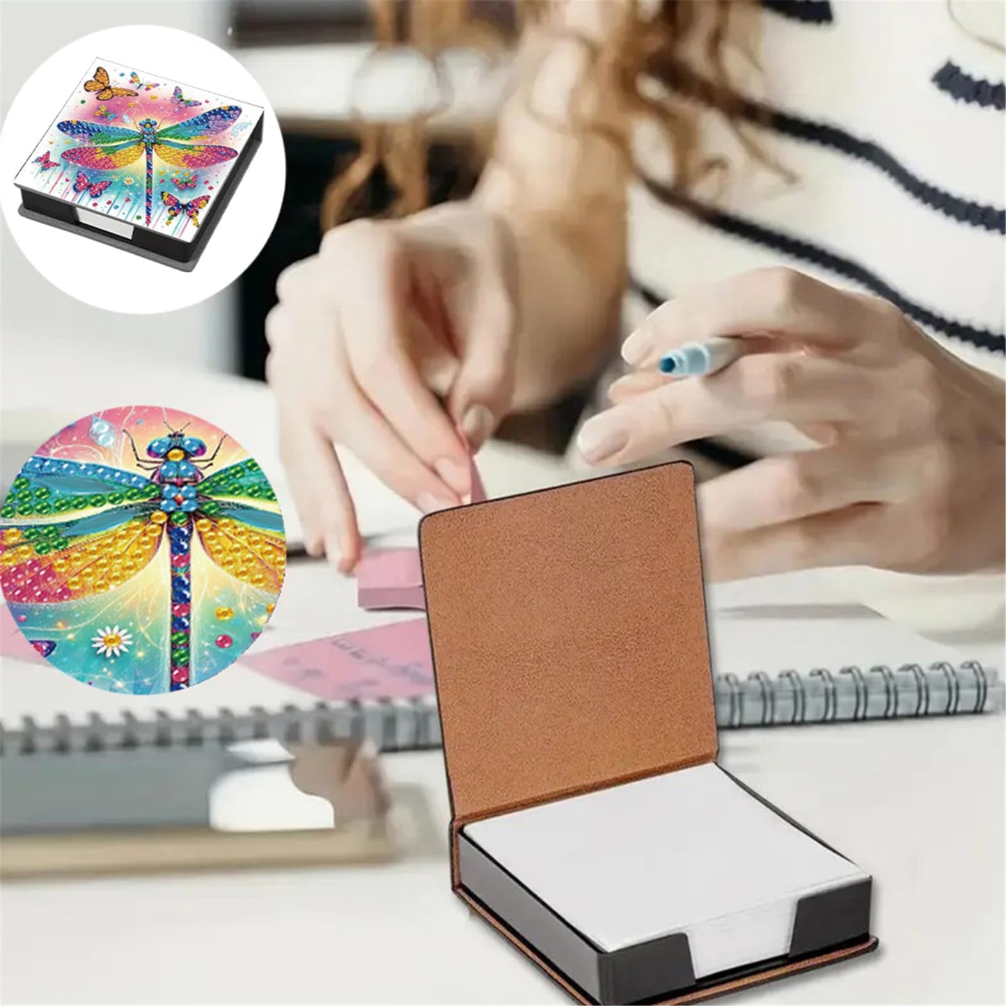POETRYDRAW 5D DIY Diamond Art Painting Notecard Box Dragonfly– Memo Pad Sticky Note Holder with 160 Sheets, Gem Art Notecard Organizer for Adults