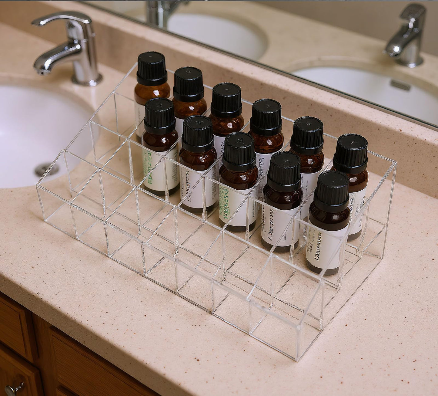Lolytama 24Slots Essential Oil Holder，Plastics Essential Oil Storage,for Bottles Perfumes and Nail Polish Shelf，Essential Oil Organizer,Makeup Storage Rack