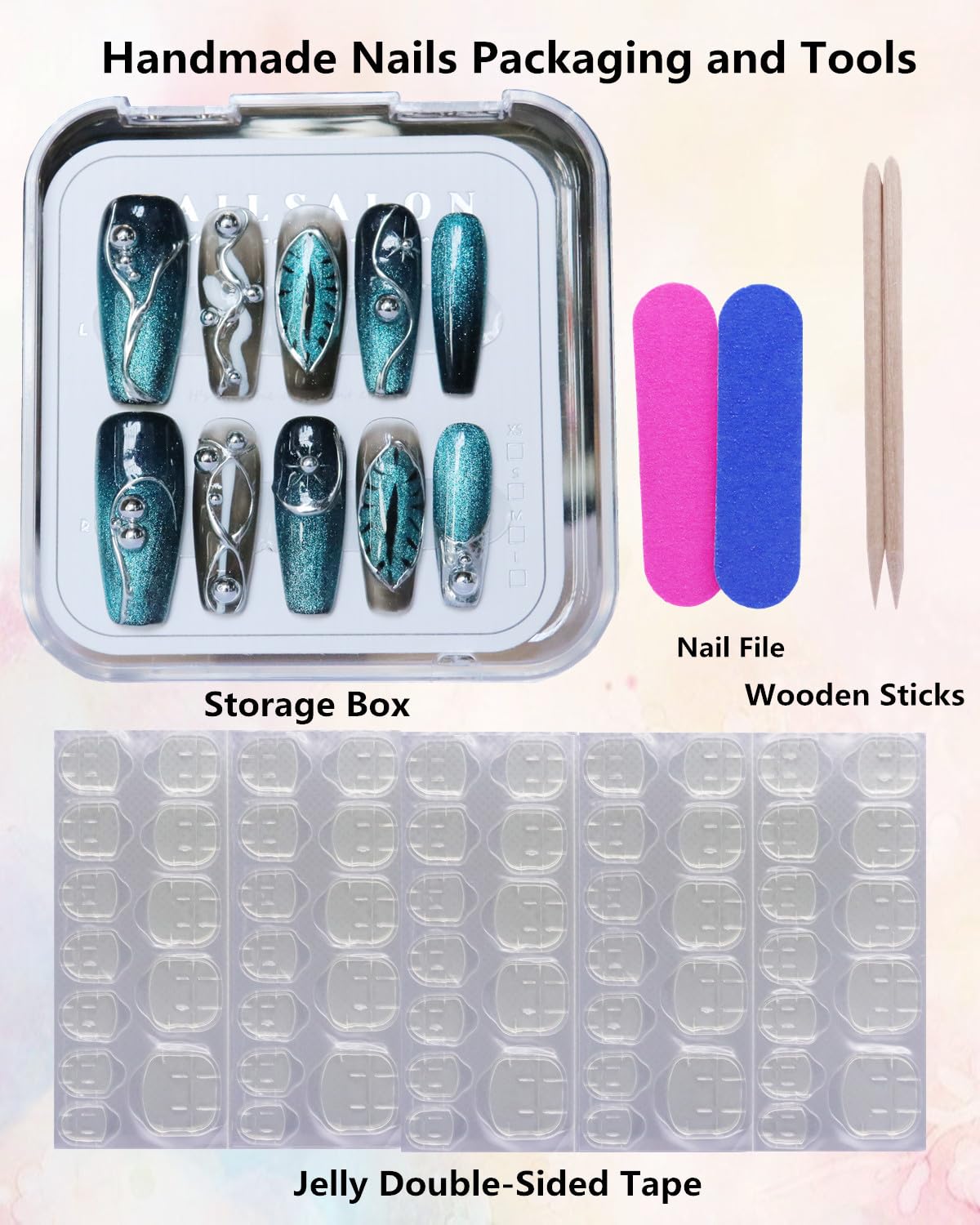 CAMILCY Handmade Press on Nails Long Coffin Blue Black Silver Glossy Luxury 3D Metal Charms Reusable Acrylic Artificial Fake Nails Full Cover False Nails for Women 10pcs (A048, S)