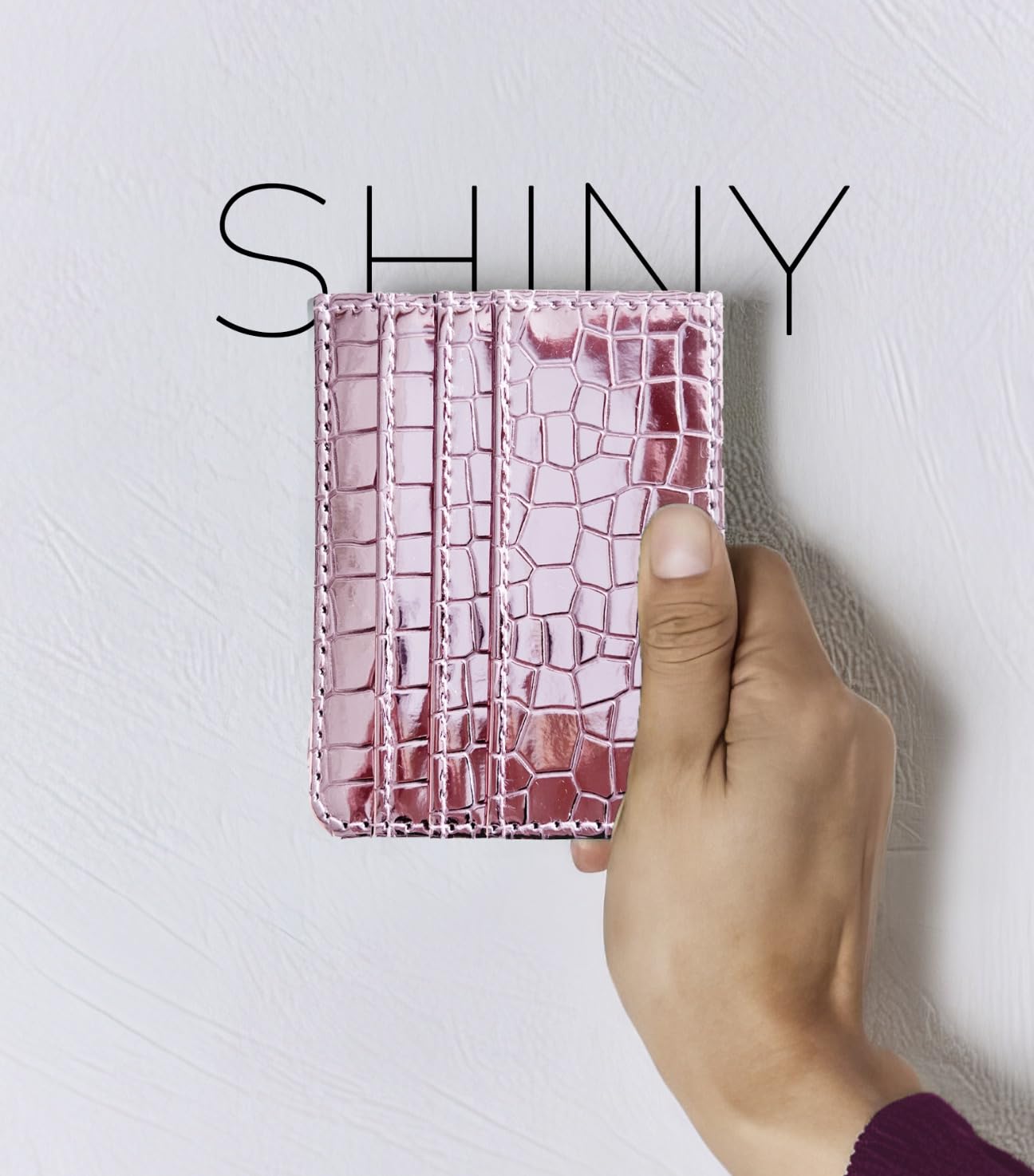 SWEDEY Super Shiny Slim Credit Card Holder Mini Front Pocket Wallet in Mirror Metallic Faux Crocodile pattern (Metalic Pink)