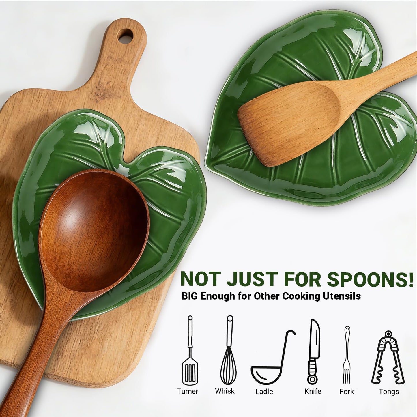 Ceramic Spoon Rest for Stove Top and Kitchen Counter, Green Leaf Spoon Holder, Cute Cooking Spoon Rest, Heat Resistant Dishwasher Safe Kitchen Utensil Rest, Decorative Kitchen Decor
