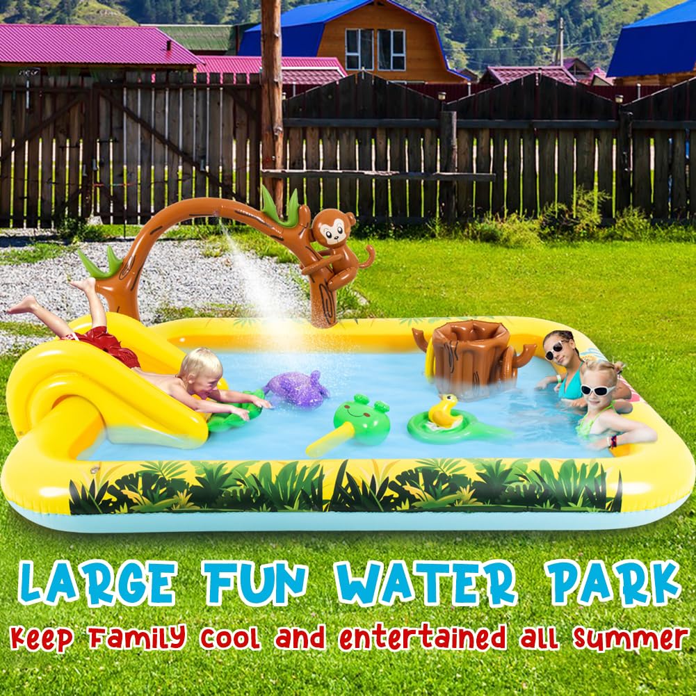 Inflatable Play Center, Inflatable Swimming Pool with Slide, Cartoon Animals Sprinkler Toy with Base Pool, Monkey, Tree Stump for Garden Backyard