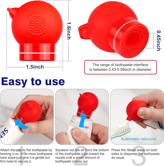 Upgraded Silicone Vacuum - Pump Toothpaste Squeezer Dispenser with Self-Closing Cap, Fits Most Toothpaste Tube, Precise Dosing, Clean & No Waste for Kids(Red)