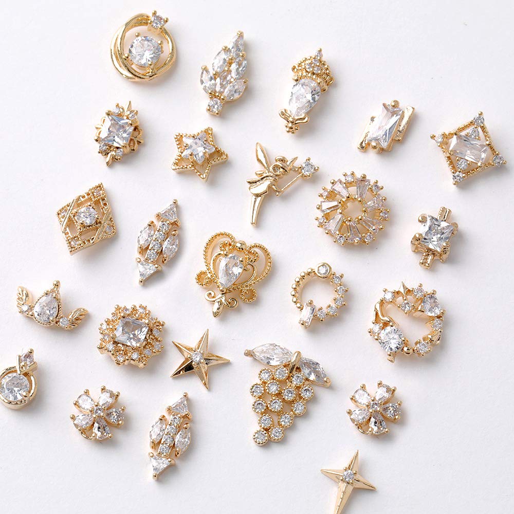 HNUIX Nail Charms and Gems - Gold Copper Zircon, Multiple Shapes, Metal Jewelry Rhinestones Charms, 22Piece