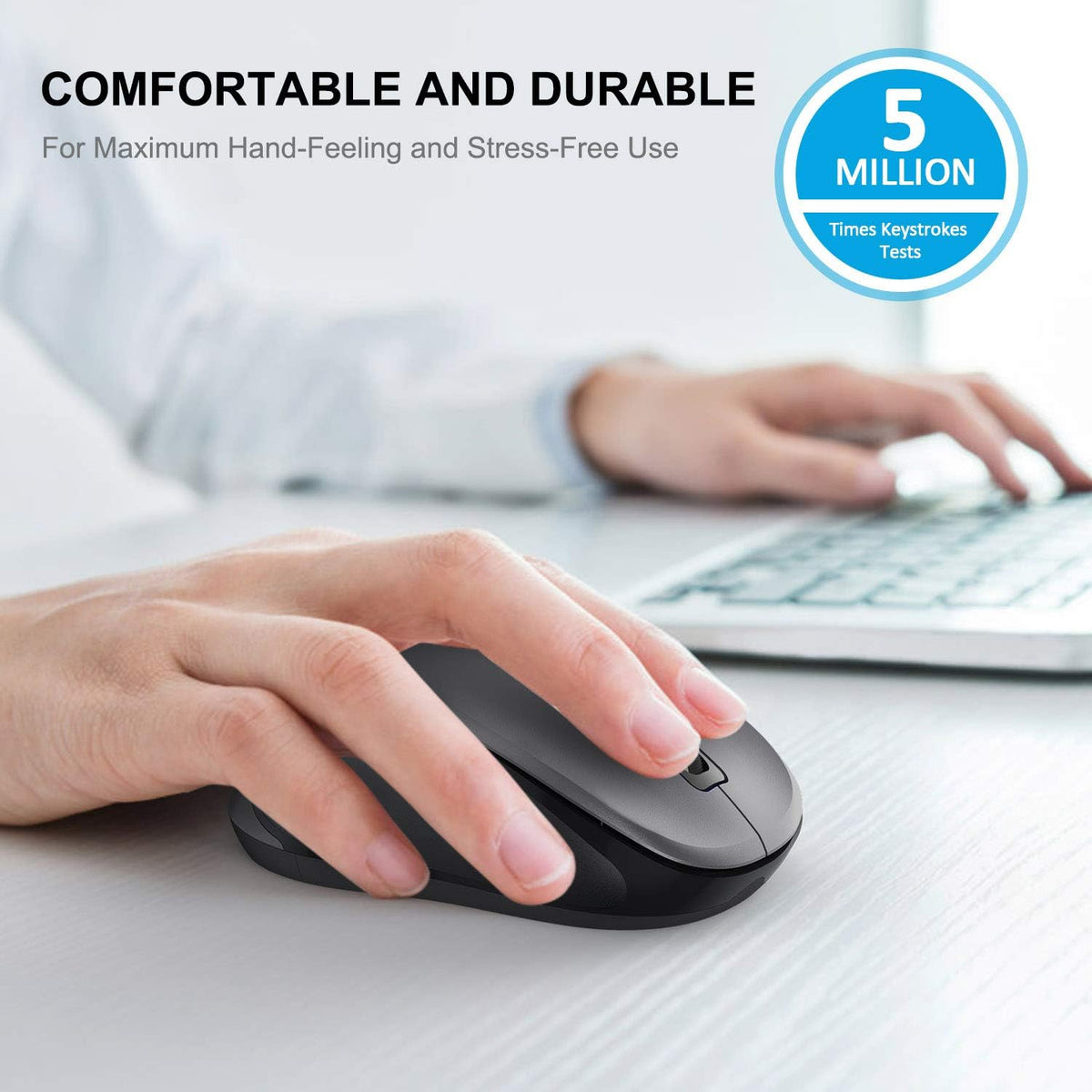 WisFox 2.4G Wireless Mouse for Laptop, Ergonomic Computer Mouse with USB Receiver and Type-C Adapter, 3 Adjustable Levels, 6 Button Cordless Mice for Windows Mac PC Notebook (Grey and Black)