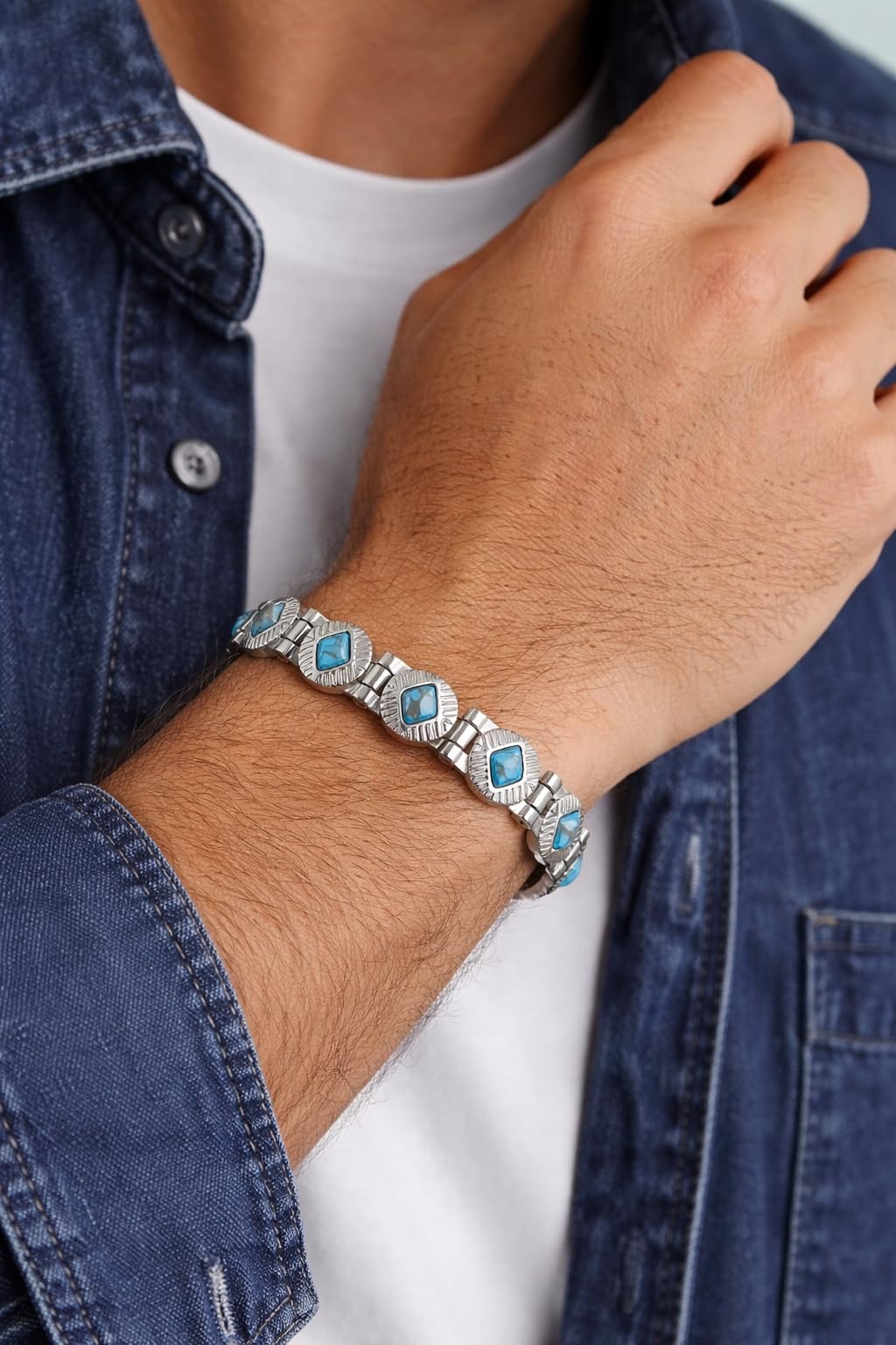 38 Elegant Stainless Steel Blue zircon Magnetic Bracelet for Women Magnetic Functions with Free Link Removal Tool Mother's gift (Silver With Blue Ziron)