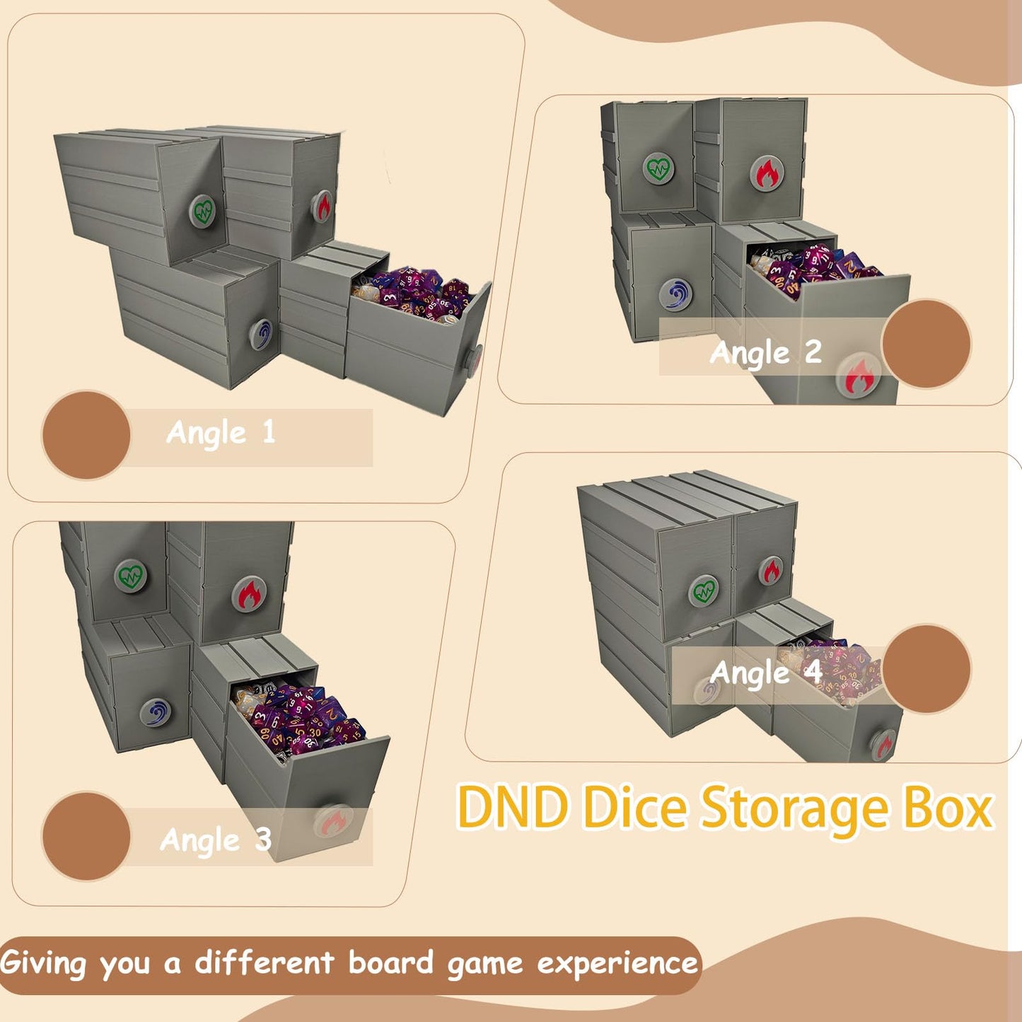 TCGADVN DND Dice Storage Box - Pull-out Storage Mimic Chest Dice Box ，for 180 Dice, Modular Integration, Can Be Assembled Freely, Protective Novelty Dice Holder for Tabletop Dice（4pcs