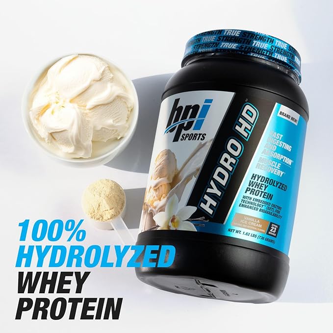 BPI Sports Hydro HD - 100% Hydrolyzed Whey Protein Powder - Muscle Growth, Recovery, 25g of Protein, Low Carb, Low Sugar, Fast Absorbing (23 Servings, Vanilla Ice Cream)