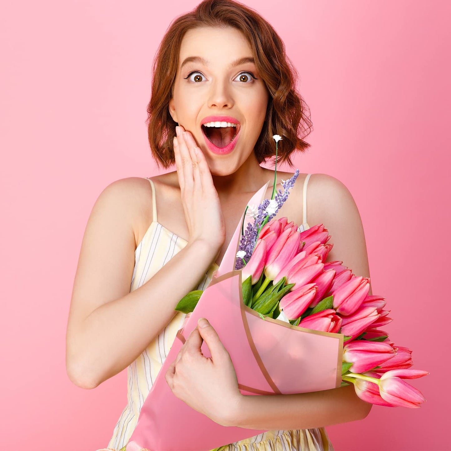 Fainne 80 Pcs Pink Flower Wrapping Paper Lotus Floral Bouquet Wrapping Paper with Gold Edge Waterproof Florist Floral Paper Bouquet for DIY Florist Supplies, 22.8 x 22.8 in