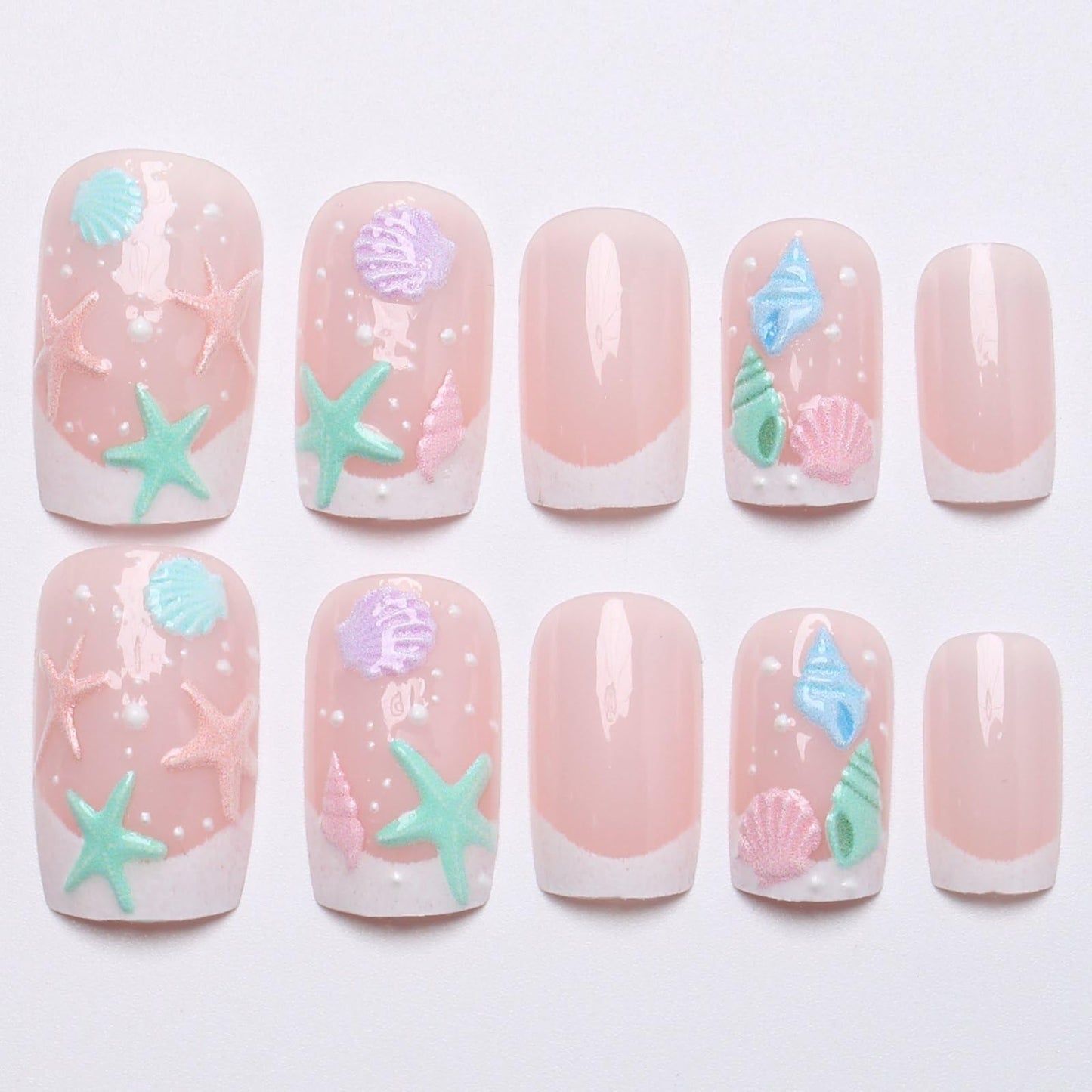 French Tip Press on Nails Summer Fake Nails Spring Medium Square False Nails with Shell Conch Starfish Bubbles Design Sea Beach Artificial Nails Full Cover Glossy Stick on Nails for Women Manicure