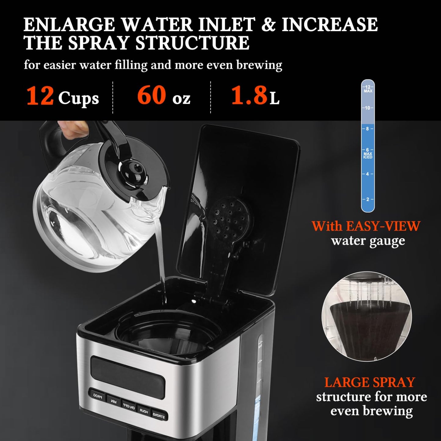 Taylor Swoden Programmable Coffee Makers 12 Cup, Hot and Iced Coffee Maker, 4 Brew Strength, LED Display, 24H Timer, Keep Warm&Auto Shutoff- Drip Coffee Machine for Home/Office, Black &Stainless Steel