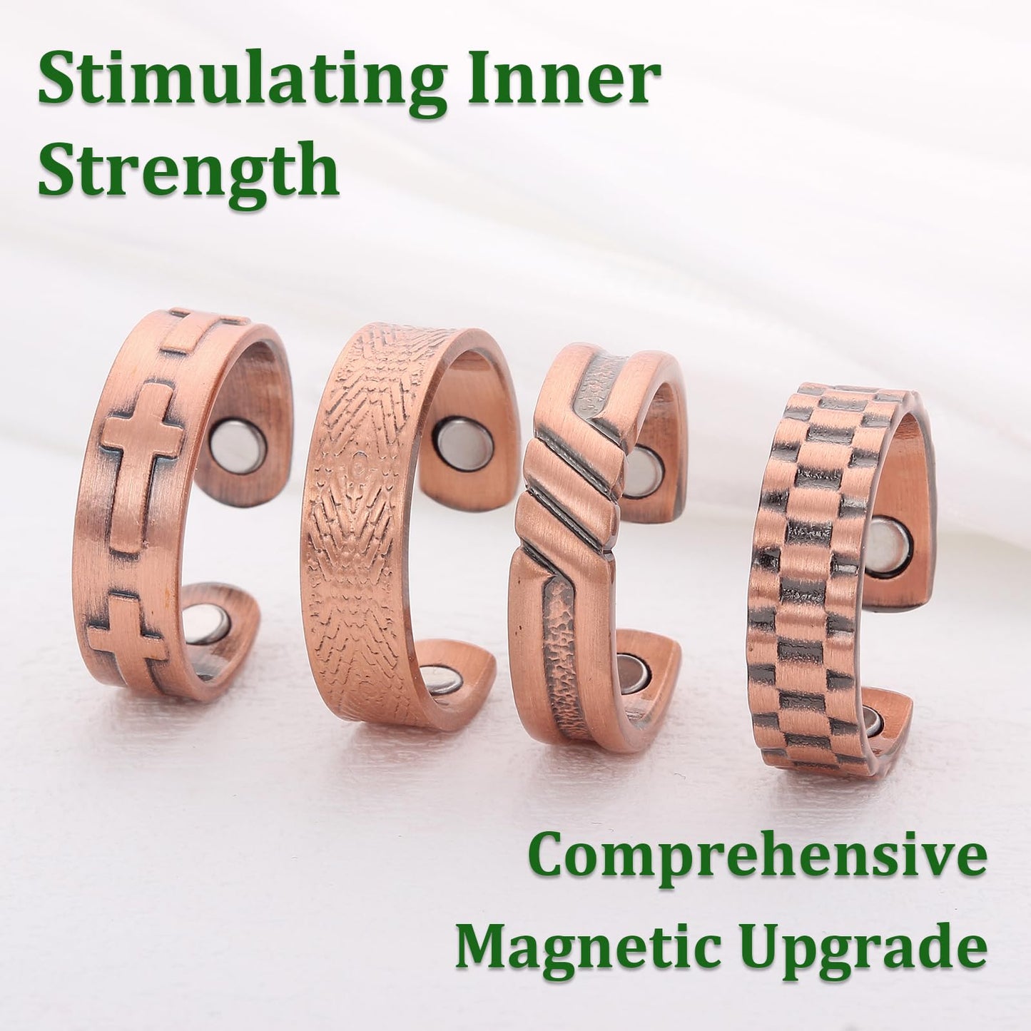 Fashtour 4 Copper Rings for Men, 99.99% Solid Pure Copper, 4pcs 3500 Gauss #9 Rings, Vintage & Cross Pattern Adjustable Cuff Ring