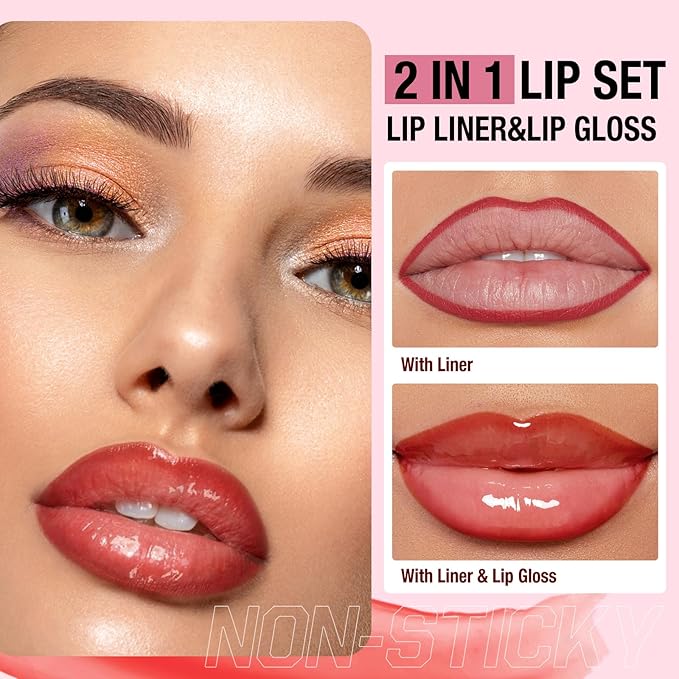 Jolilab Matte Lip Liner Lip Oil Set, Lip Makeup Set Natural Smooth Long-Lasting And Hydrating Beauty Daily Cosmetics Gift for Girls Easy-to-Use(9pcs)