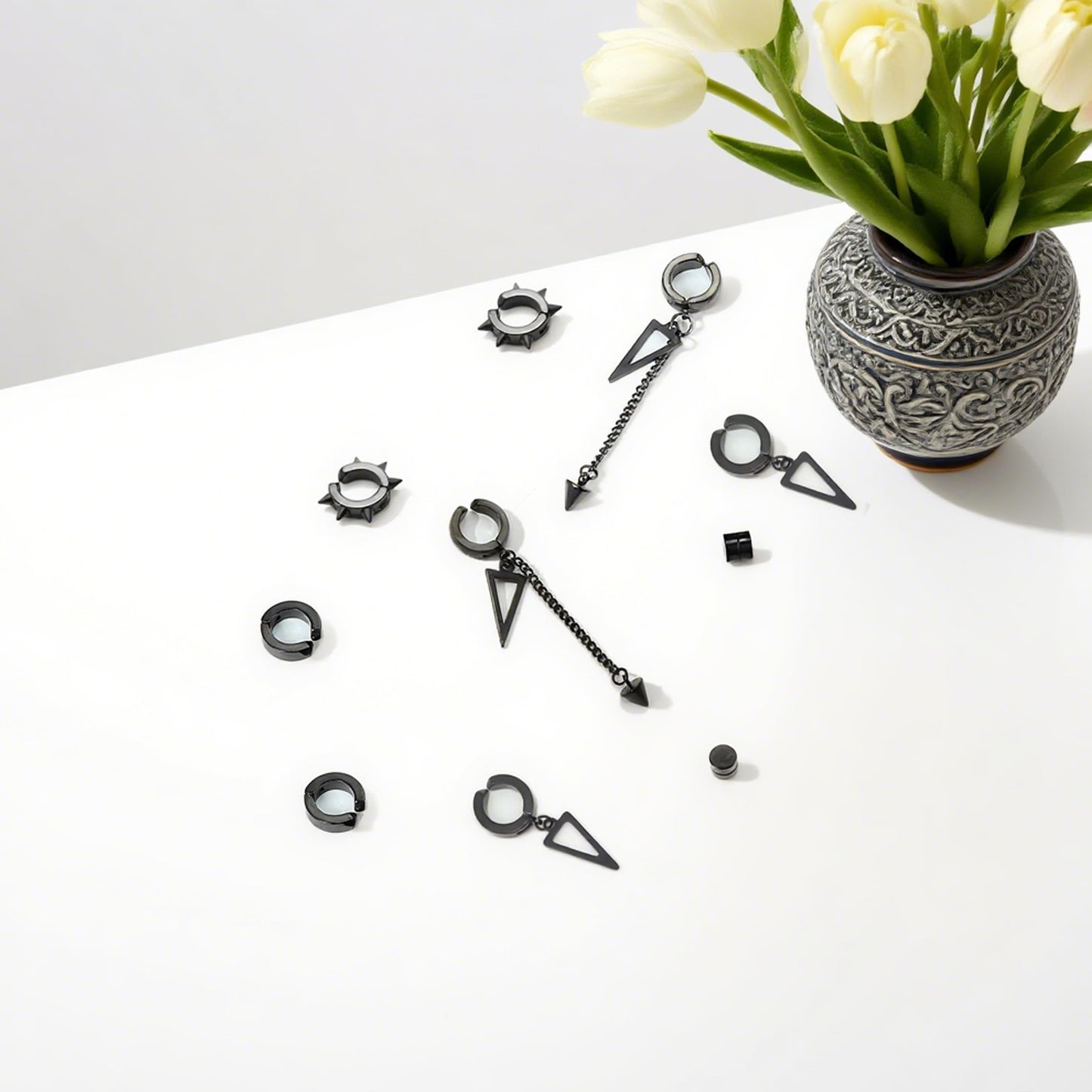 5 Pairs Black Stainless Steel Non-Piercing Spike Rivet Geometric Triangle Dangle Tassel Clip on Hoop Earrings Set for Women Men, Non Pierced Fake Ear Clip Stud Earrings