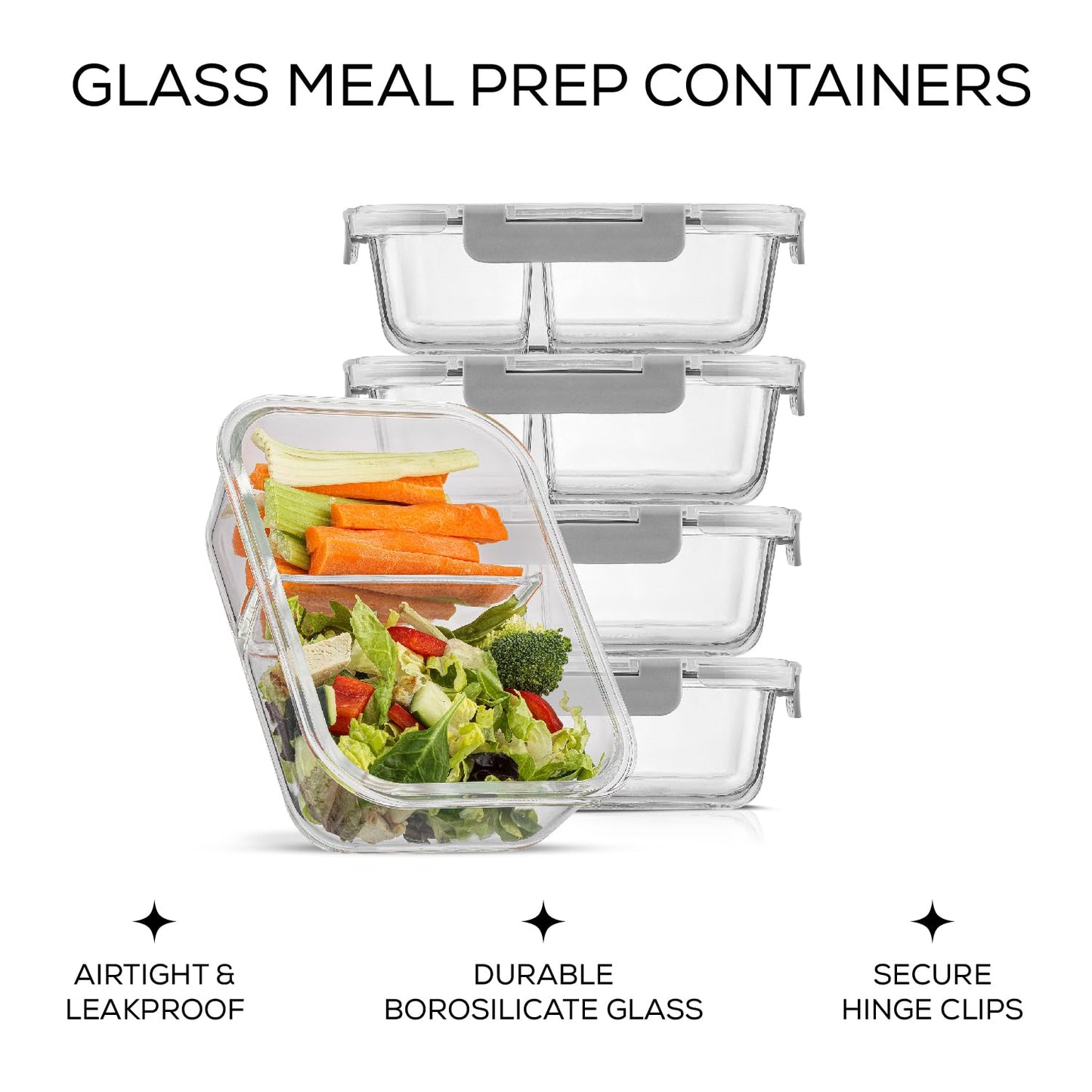 JoyJolt Divided Food Storage Containers with Lids Airtight. 5 Pack Glass Meal Prep Containers 2 Compartment Set Glass Bento Box. Reusable Food Containers, Portion Control Containers for Weight Loss