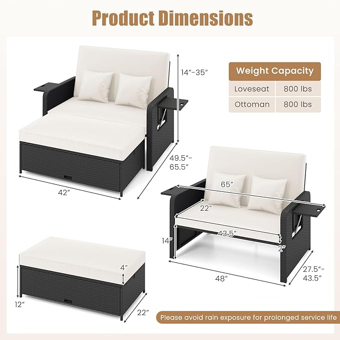 HAPPYGRILL Patio Rattan Wicker Daybed with Loveseat & Storage Ottoman, Outdoor Lounge Sofa Furniture Set with Adjustable Backrest & Side Trays, for Poolside Deck Porch Lawn (Black & Beige)