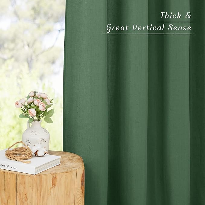 NICETOWN Flax Linen Olive Green Curtains 108 inches Long, Grommet Privacy Semi Sheer Privacy Added with Light Filtering Window Treatment for Bedroom/Living Room, W55 x L108, 2 Panels