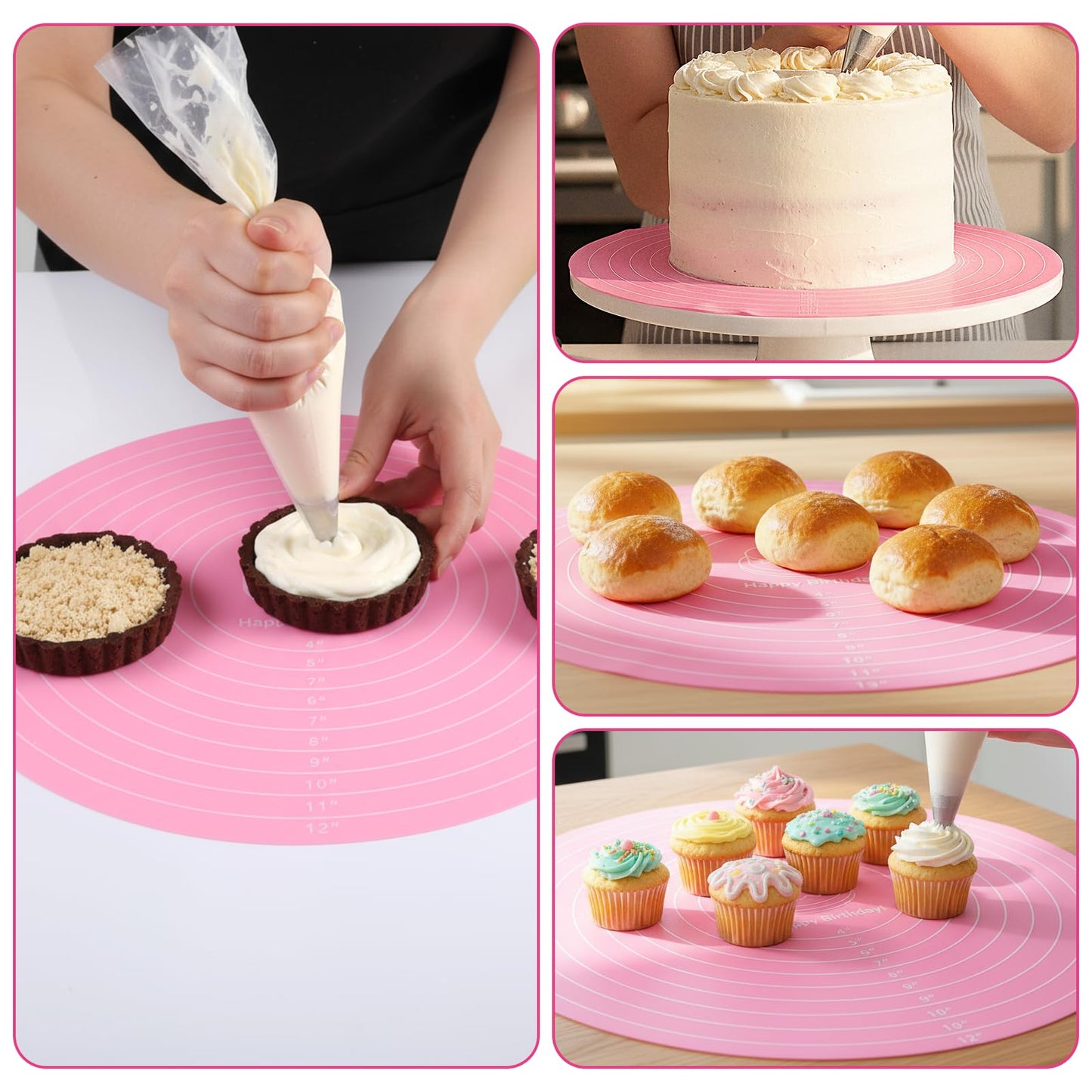 TIESOME 3 Pcs Round Silicone Baking Mat, 12 Inch (30cm) Silicone Rolling Mat With Measurements, Reusable Non-Stick Heat Resistant Baking Sheet for Dough, Fondant, Cookie & Pizza (Blue Pink Green)
