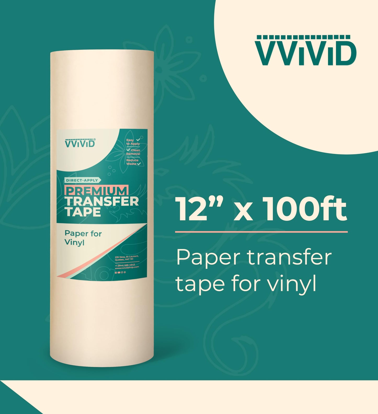 VViViD Premium Direct-Apply Medium Tack Transfer Tape for Crafting Vinyl, 12” x 100’ Easy-Apply Paper for Cricut, Sillhouette, Decals and Lettering