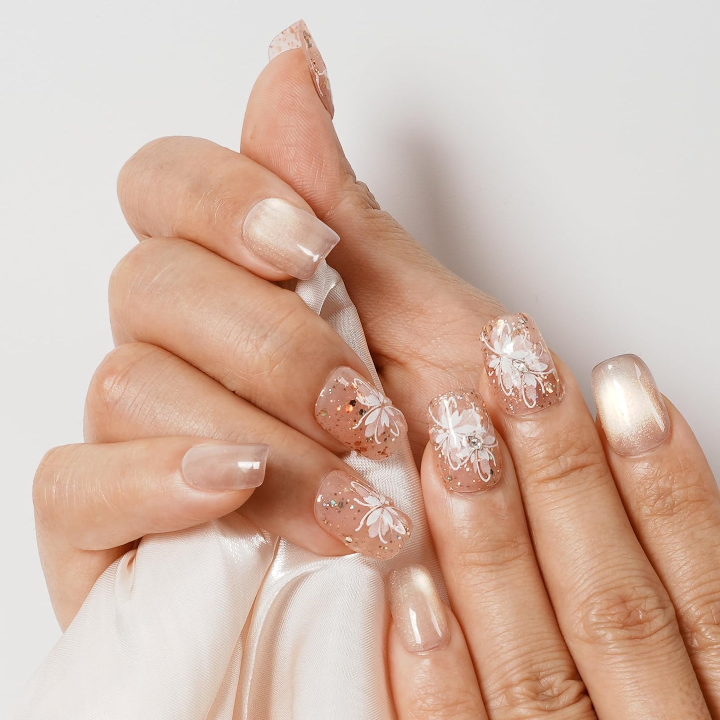 Tesytto Handmade Press on Nails Glitter Short Coffin, Nude Pink with Flower & Butterfly Pattern, Reusable Full Cover False Nails 10Pcs (Warm Glossy Dream,M)