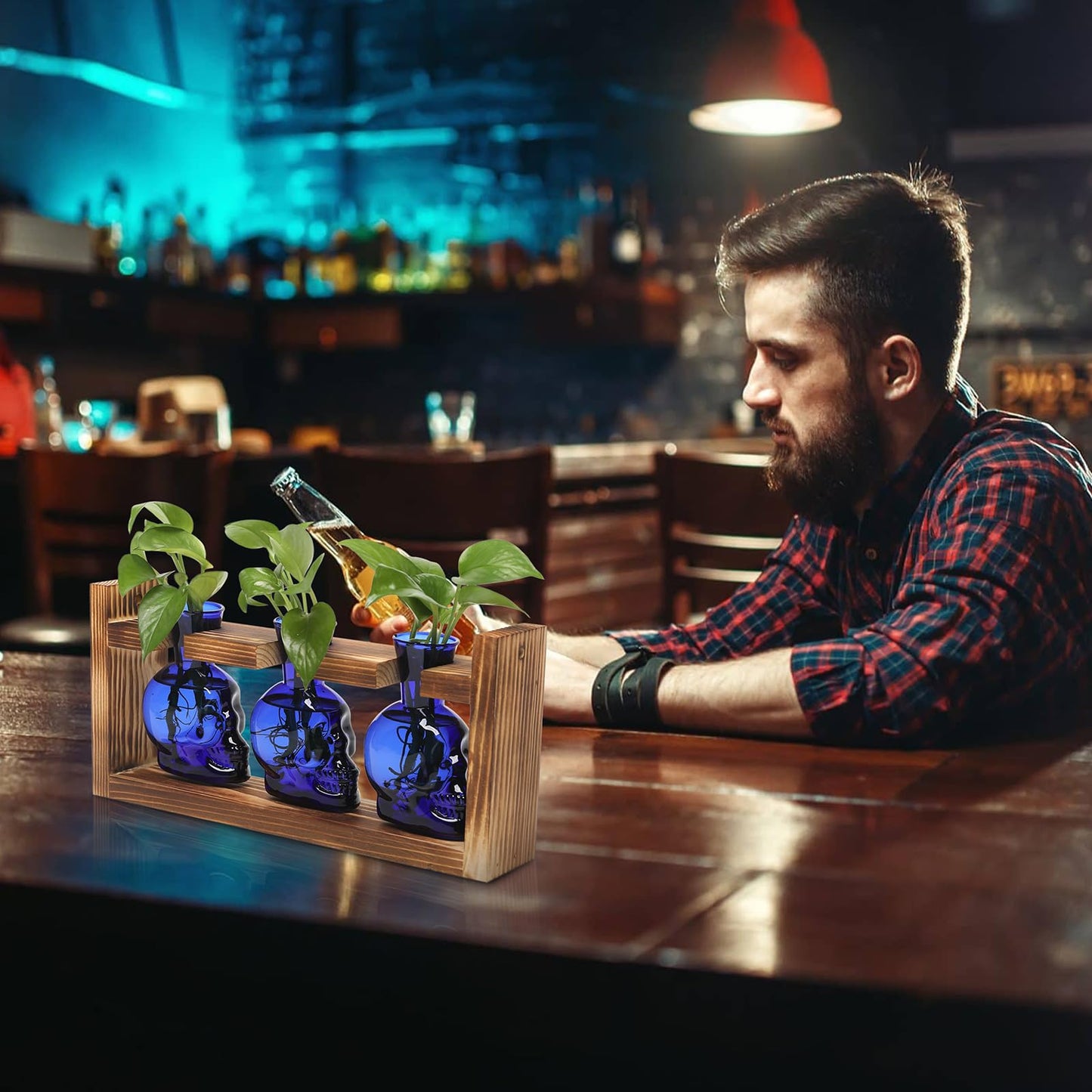Plant Terrarium Propagation Stations Hydroponics Halloween Skull Planter Vase Skulls Decor with Wooden Stand Gift for Father