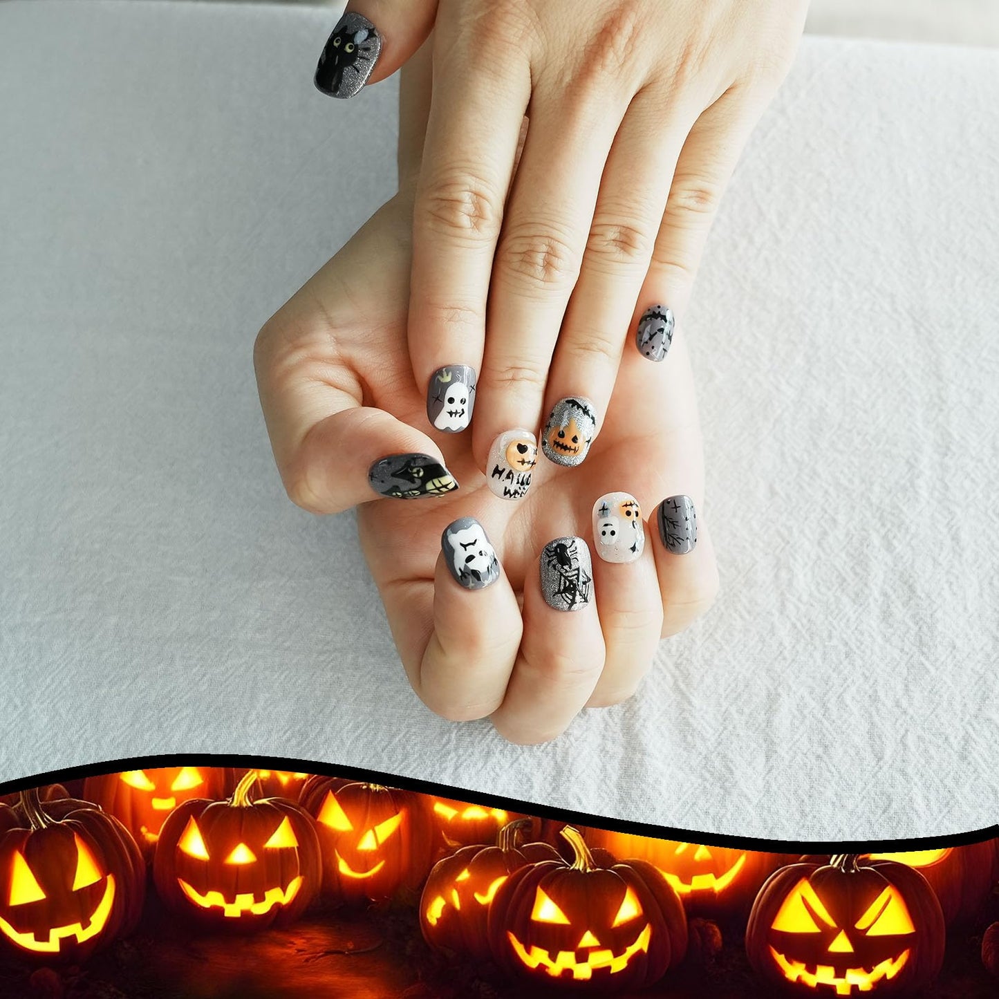 Grey Glitter Press on Nails Short Square - Handmade 3D Cartoon Ghost & Cat Design, Luxury Y2k Fake Nails, Reusable Multi-Layer Gel Nails Art (Autumn Haunted Story,S)