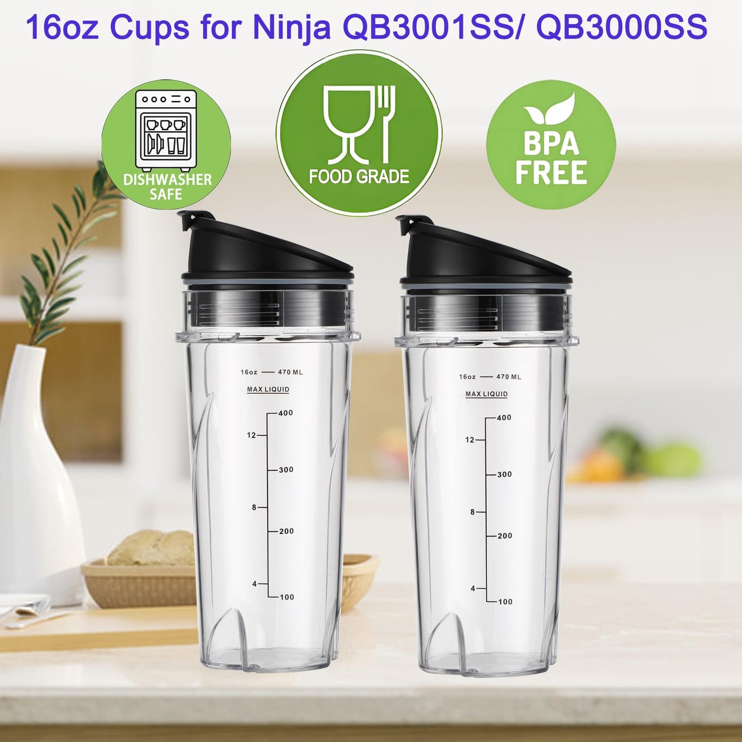 Sonkettek For Ninja Blender Cups 16oz Replacement Parts for Ninja QB3001SS BL770 BL780 BL660 BL740 BL810 QB3000SS, 2 Pack Nutri Ninja Series Blenders 16oz cups with Sip & Seal Lids