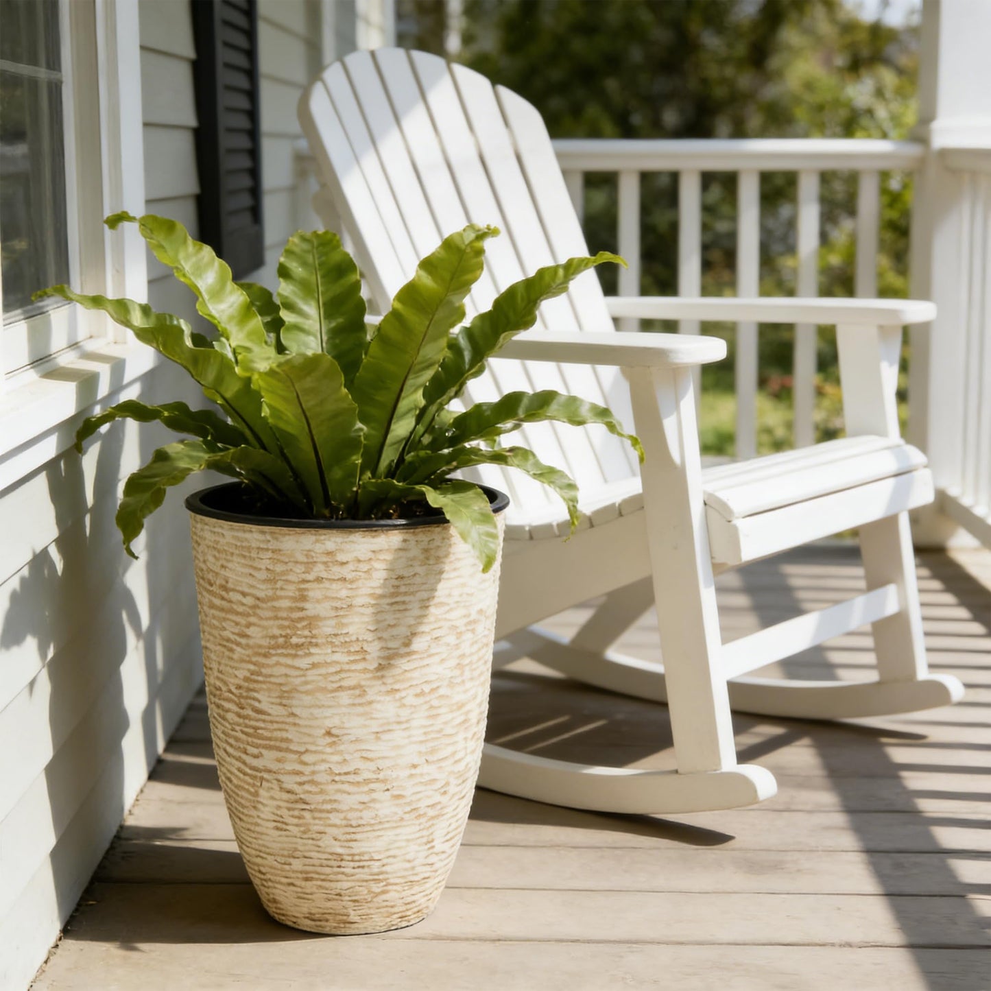 Worth Garden 21" H Beige Tall Planters set of 2 with Inside Pots - 14'' Dia Plastic Large Round Plant Tree Pots with Drain Hole - Decorative Imitation Stone Finish for Indoor Outdoor Front Porch Patio