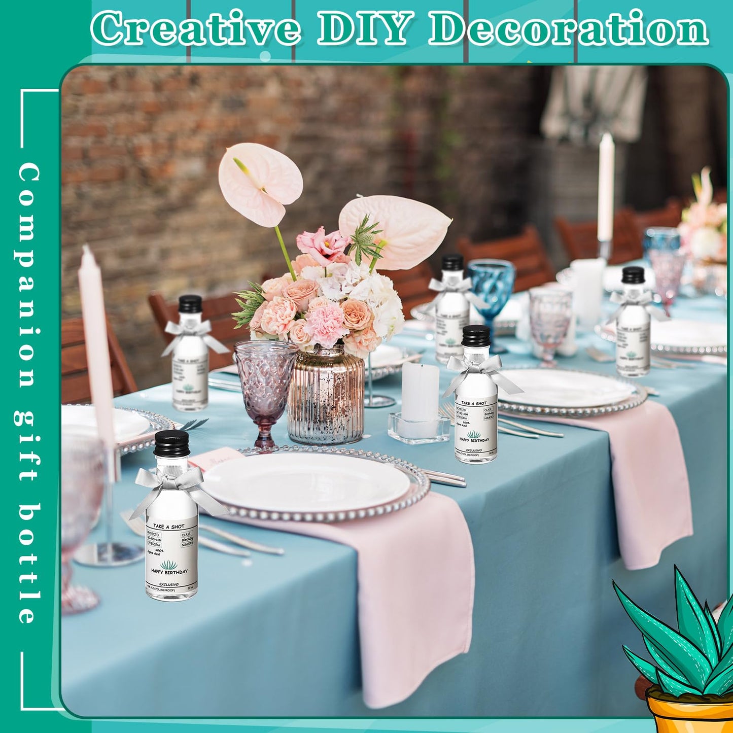Jingmore 30 Pack 1.7oz Mini Liquor Bottles 50ml Plastic Alcohol Bottle with Cap, Labels, Ribbon for Party Supplies(Birthday,Turquoise)