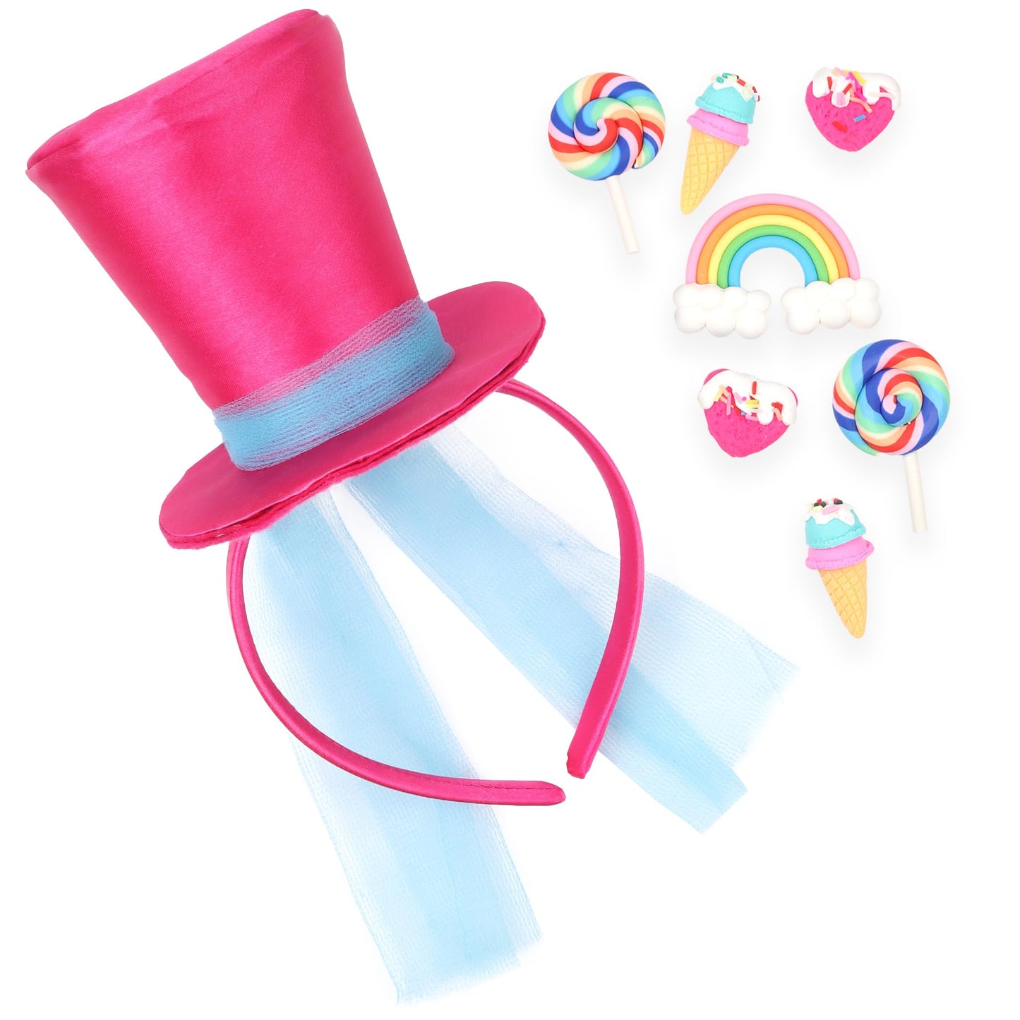 Needzo DIY Candy Costume Headband, Pink Mini Top Hat with Veil, Photo Props, Theme Party Cosplay Outfit Accessories