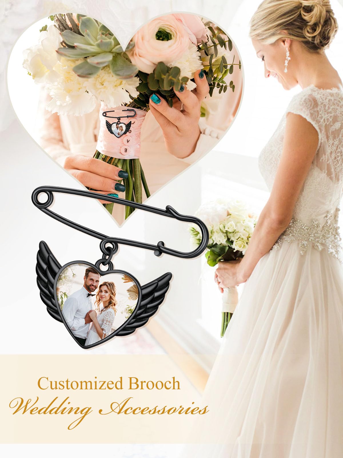 Custom4U Memorial Picture Brooch Pins Wedding Bouquets Charm for Bridal with Silver Angel Wings