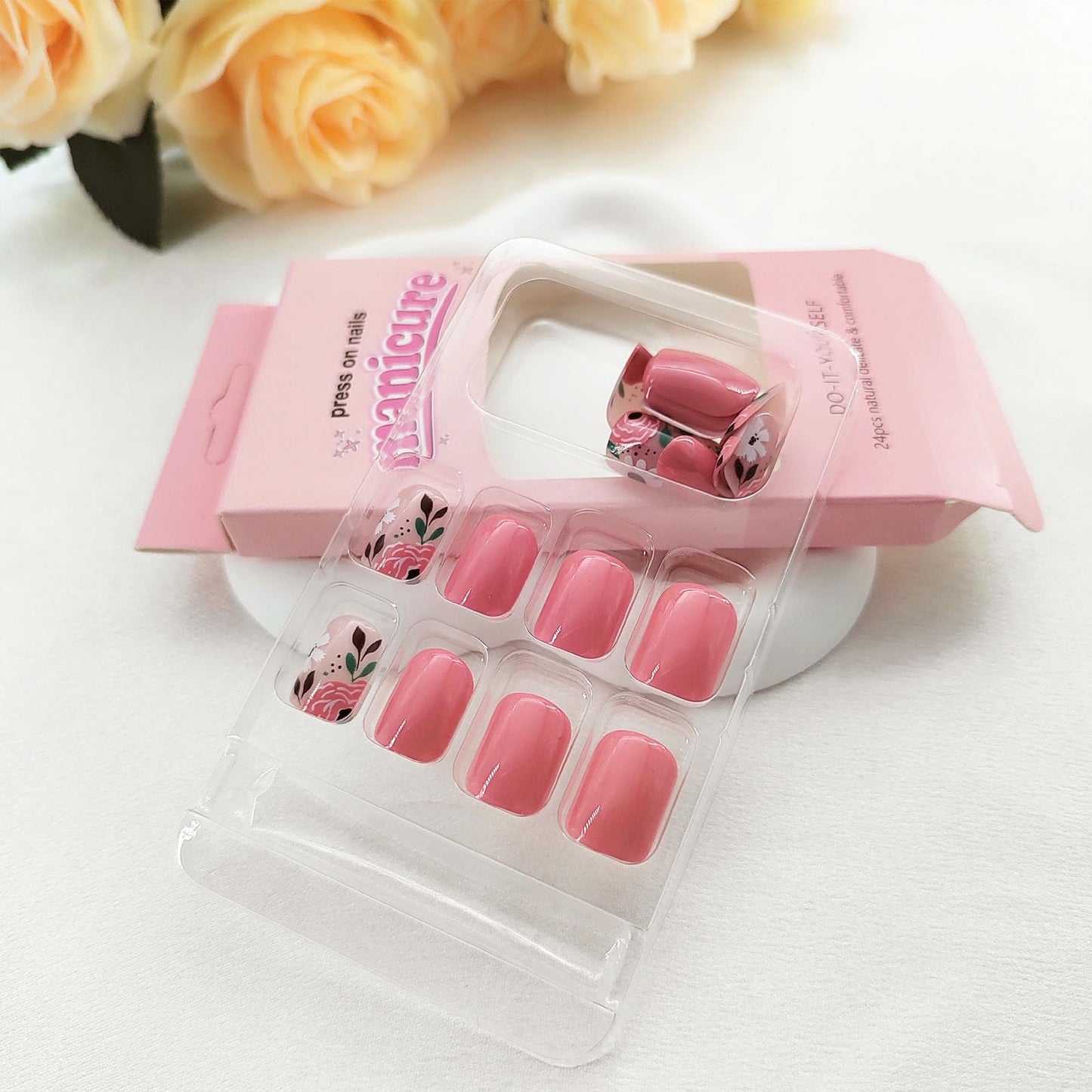 Press on Nails Short Square Fake Nails with Flower & Leaf Designs Pink Acrylic Nails Press ons Glossy Glue on Nails Cute Pink-Orange Full Cover Stick on Nails for Women 24 Pcs