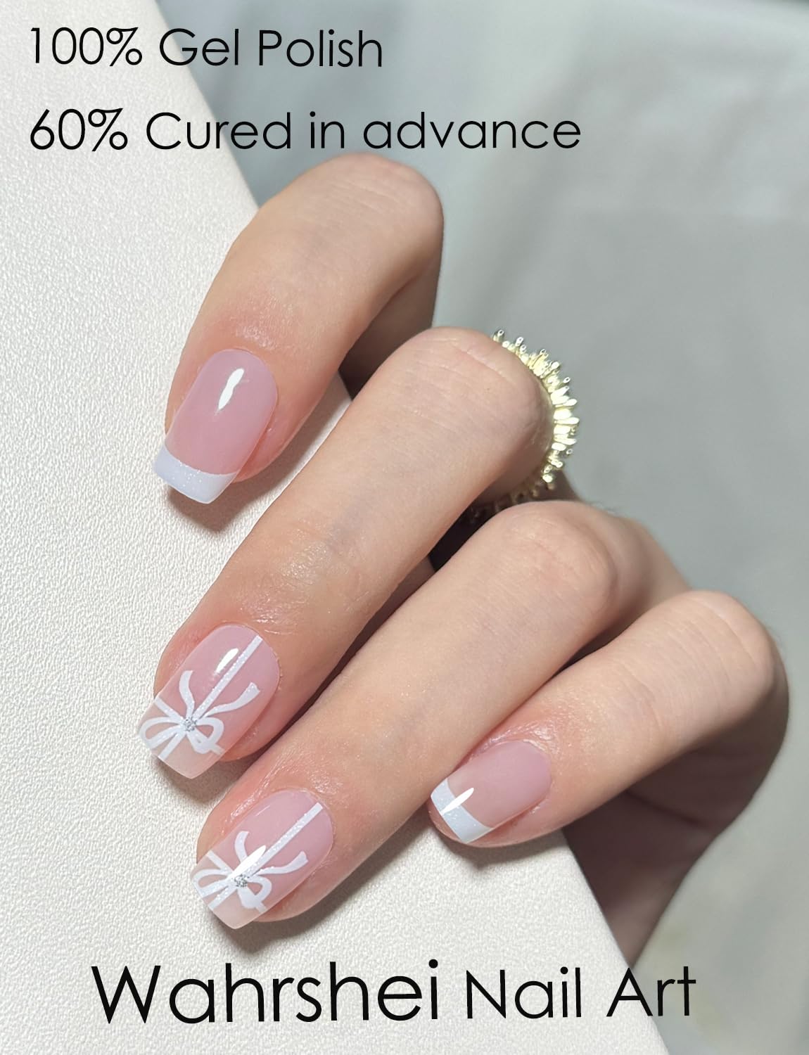 Semi Cured Gel Nail Strips, 20pcs French Bowknot Gel Nail Stickers UV for Home Nails DIY