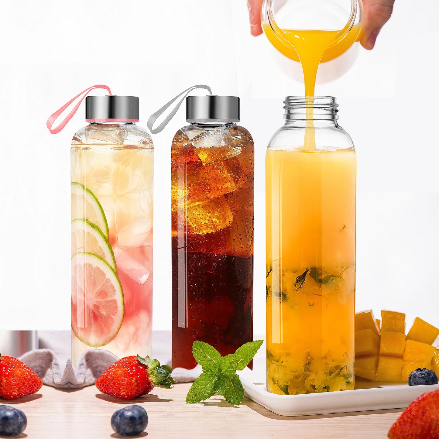 Glass Water Bottles Set of 3, 18 oz, Reusable Water Bottle with Lids, Juice Glass Bottles for Juicing, LeakProof, BPA Free, Container Bottle for Refrigerator, Suitable for Beverage, Soda (Clear)