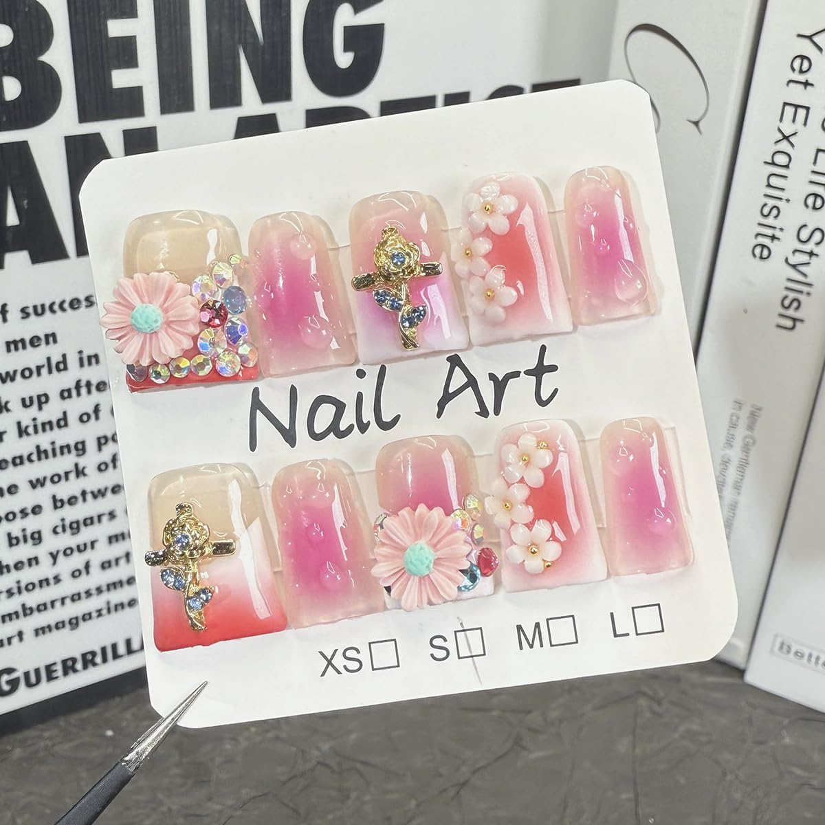 Handmade Press on Nails Duck Medium False Nails Purple French Tip Fake Nails with 3D Flower Designs Charm Cute luxury Acrylic Nails for Women (Size M）10pcs
