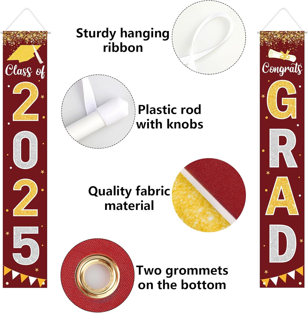 Graduation Decorations 2025 GRAD Banner Maroon Porch Door Sign Welcome Banner For Indoor Outdoor Wall Graduation Decorations Class of 2025