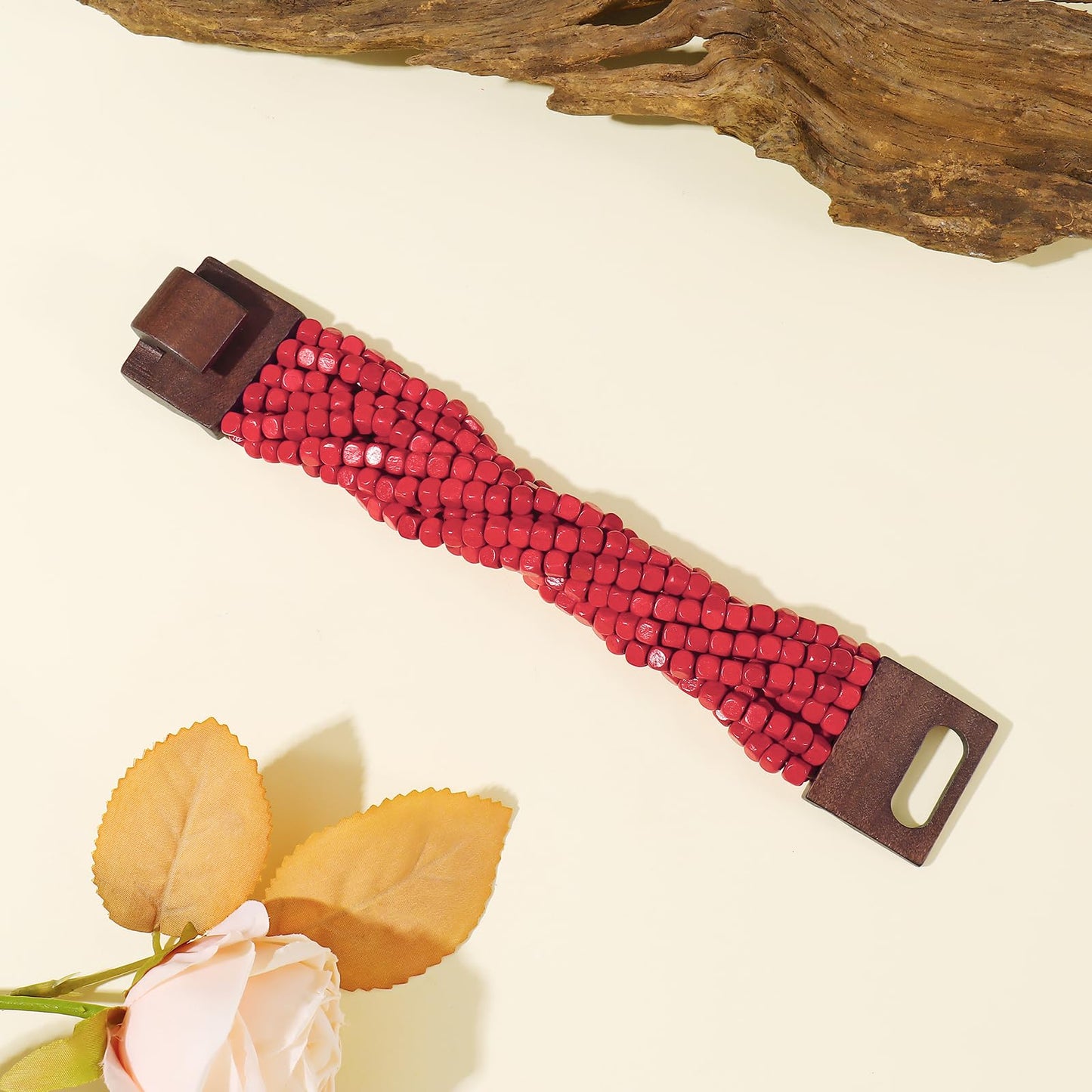Coiris Boho Bangle Bracelets for Women Wooden Beaded Bracelets Chunky Bohemian Beach Bracelets Jewelry for Women(BR1235-Red)